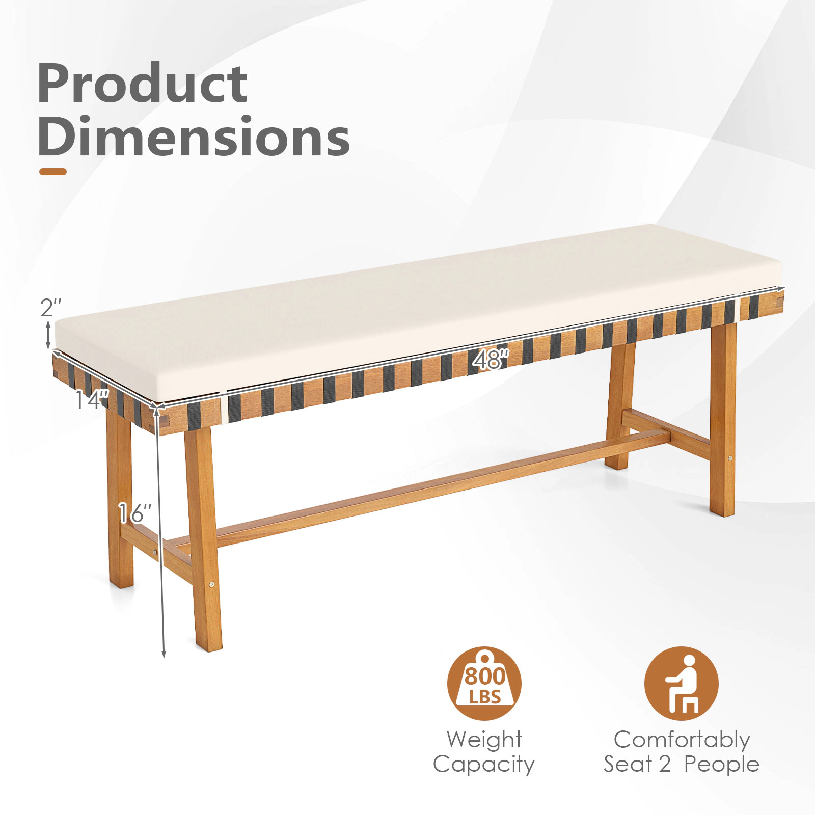 SUGIFT Acacia Wood Outdoor Bench with Woven Rope Seat and Thick Padded Cushion 800-lb Capacity Natural+Off White