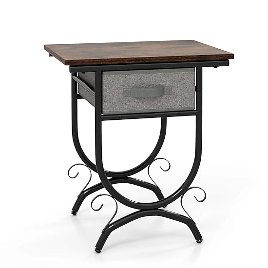 Hivvago Metal Frame Side Table with Carved Design and Fabric Storage