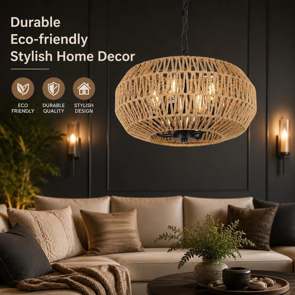 ELEMENT ACE Woven Rattan Metal Flush Mount Ceiling Light