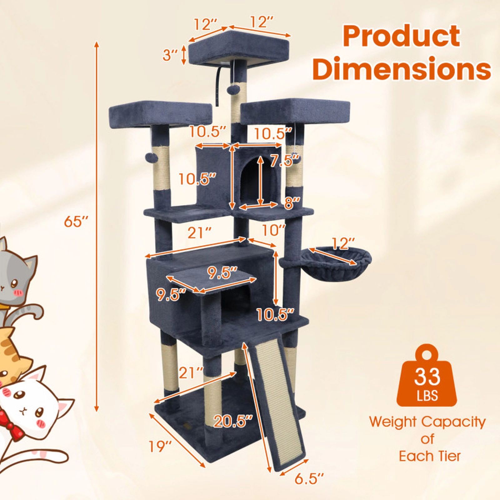 SUGIFT 65-in Tall Dark Gray Multi-Level Cat Tree with 3 Perches 2 Condos Ladder and Scratching Board