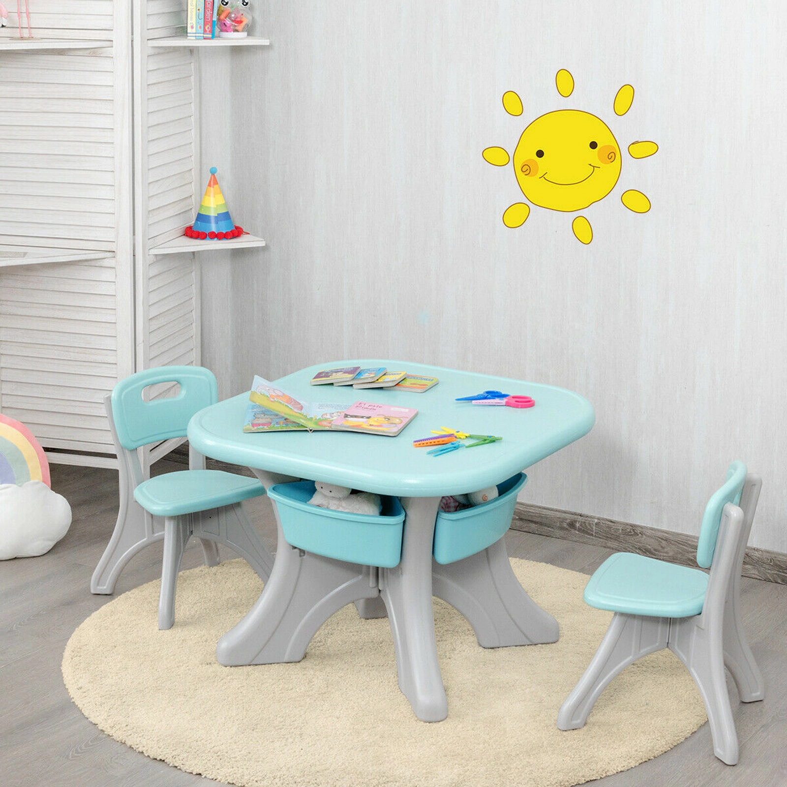 SUGIFT Blue Kids Activity Table and 2 Chairs, 4 Storage Drawers, 27-Inch Square Top