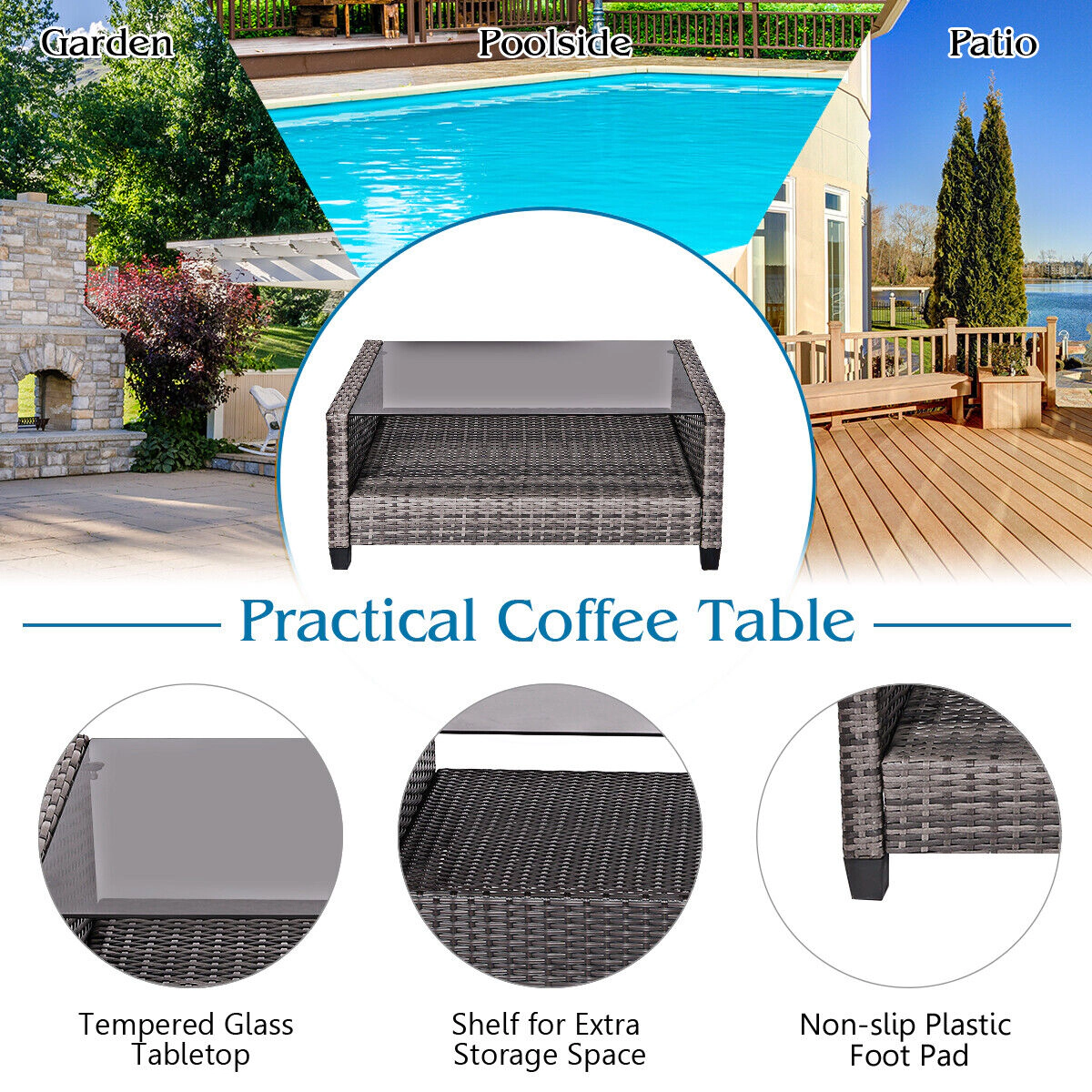 SUGIFT 3-Piece Gray Rattan Patio Conversation Set with 2 Cushioned Chairs and Glass-Top Cube Table
