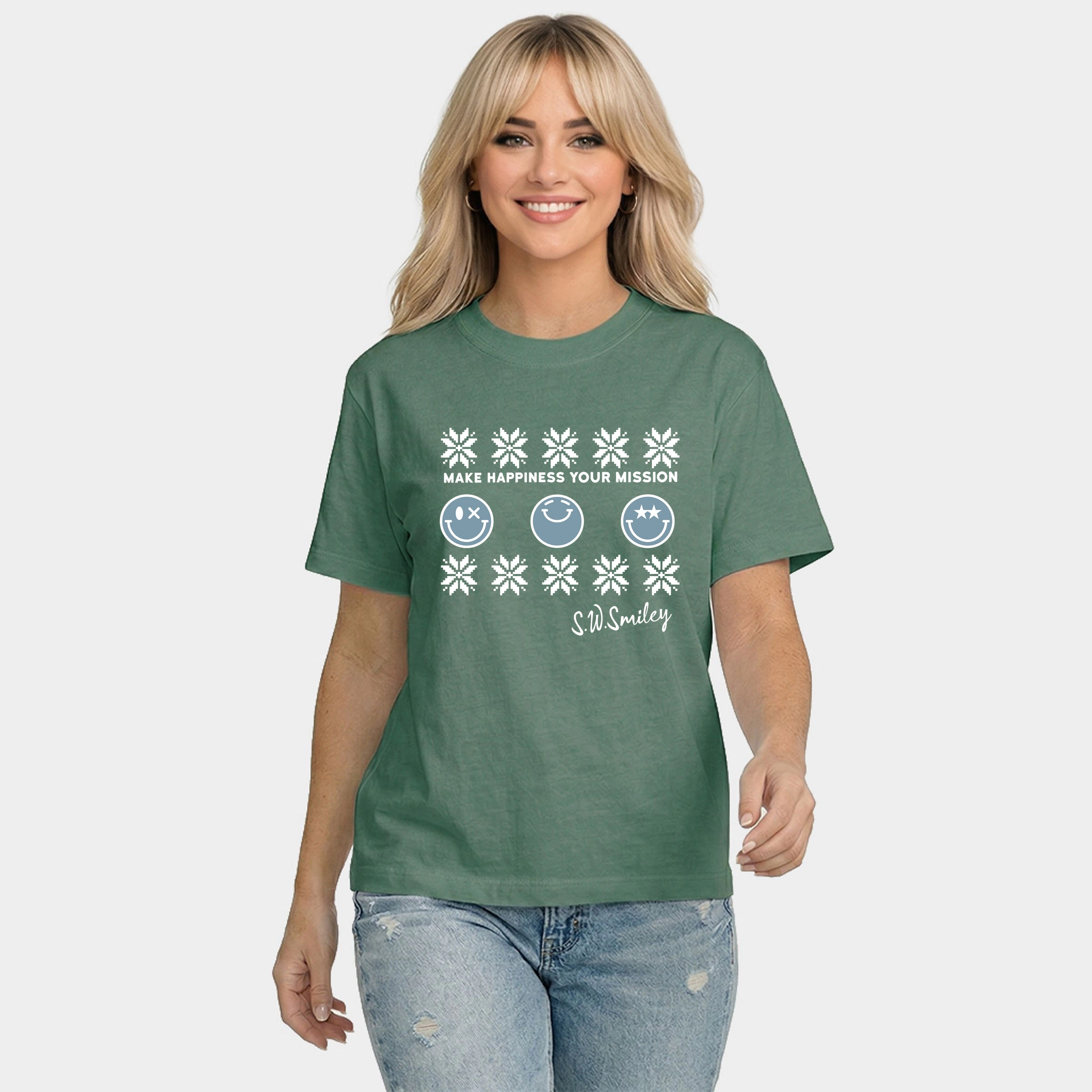 Simply Sage Market - Women's Relaxed Boxy Tee S.W.Smiley Make Happiness Your Mission Snowflake