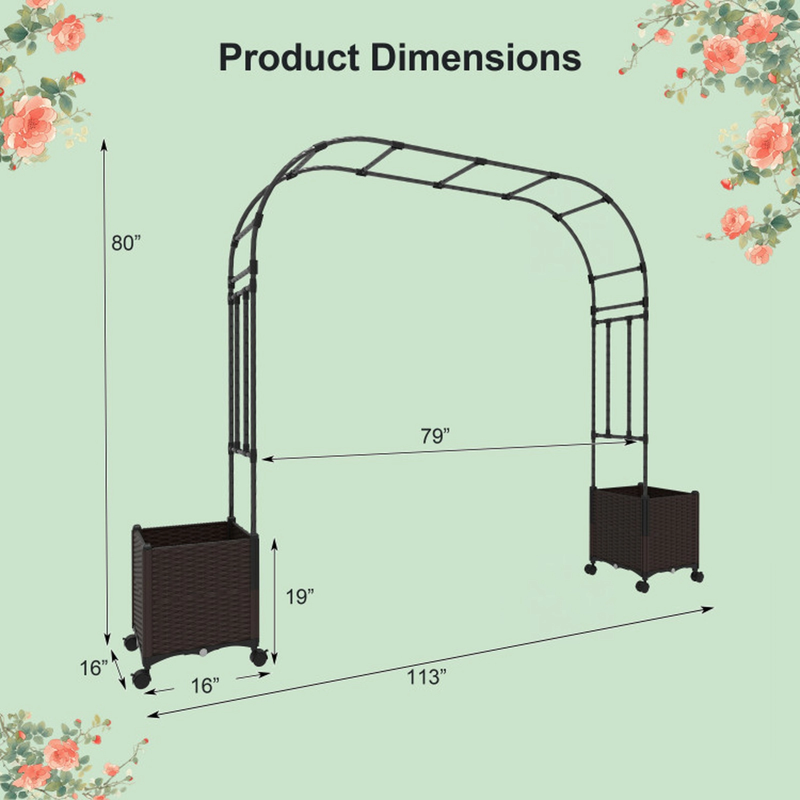SUGIFT 6.6-Ft Black Garden Arch Trellis with 2 Planter Boxes and Lockable Wheels 80-in W 16-in D 113-in H