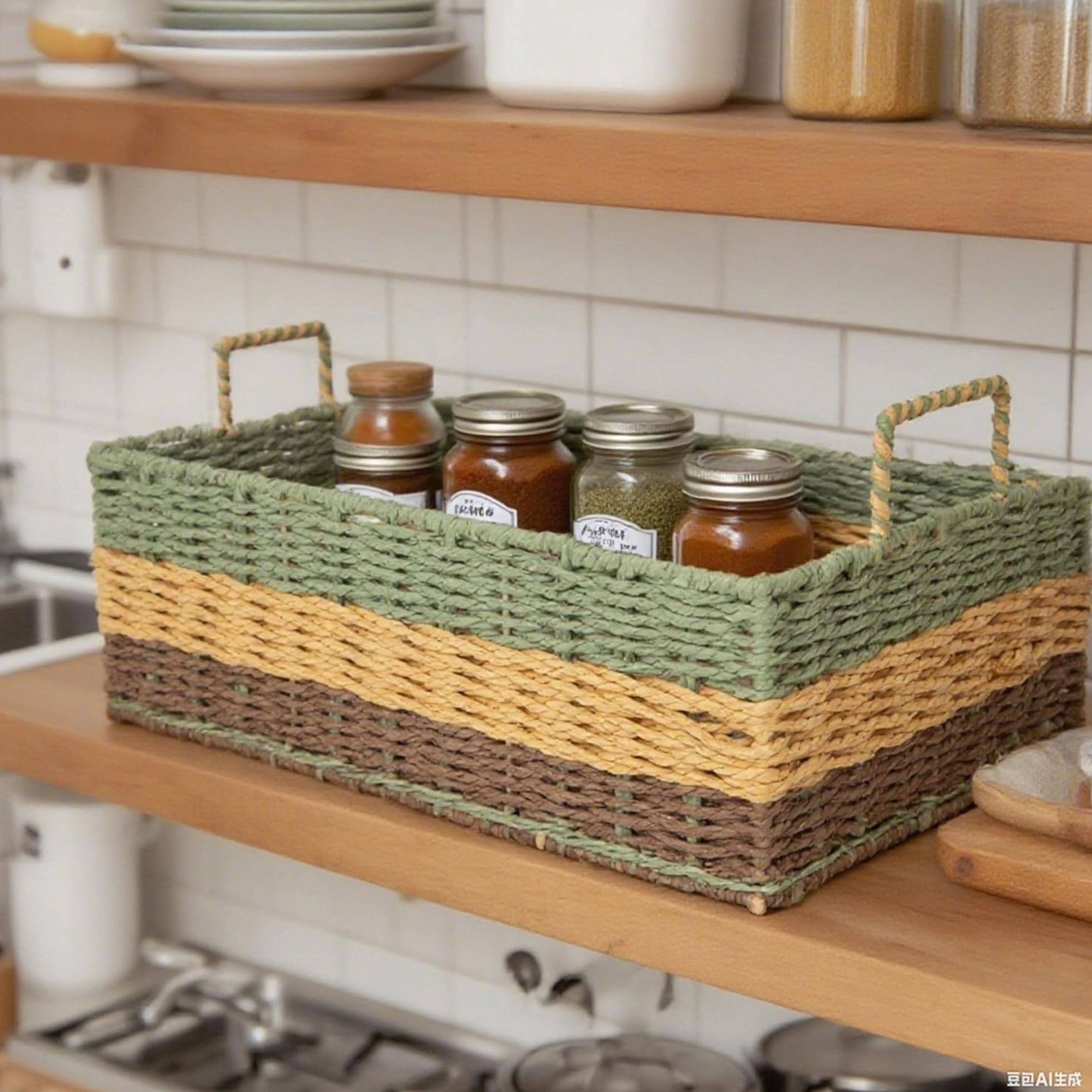 Stock Preferred Woven Paper Rope Rectangle Storage Basket for Shelves Sage Green