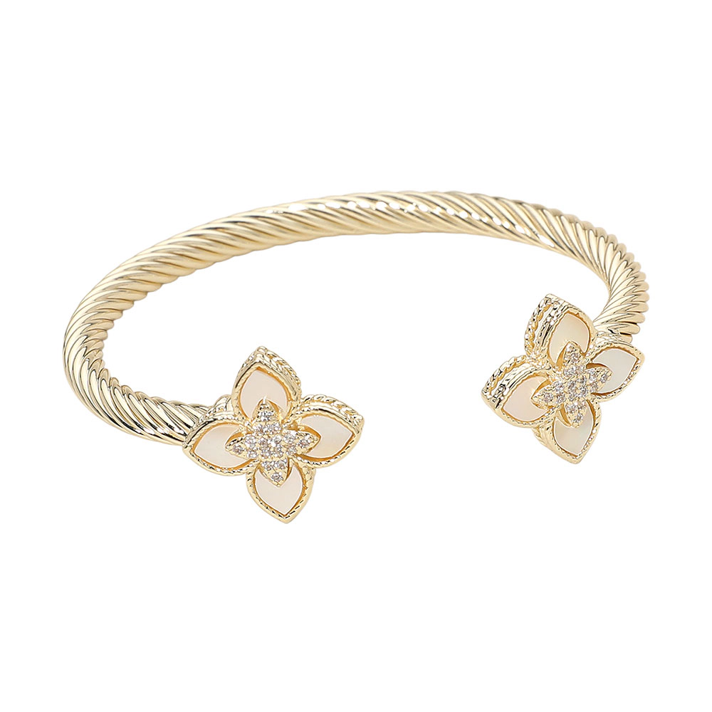 FASHNZFAB 14K Gold Plated CZ Stone Paved Center Mother of Pearl Floral Clover Tip Twisted Cuff Bracelet