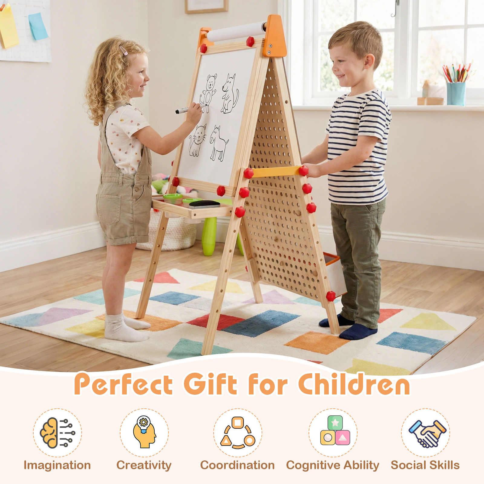 SUGIFT 4-in-1 Wooden Kids Art Easel Double-Sided Foldable with Paper Roll Storage Tray and Marble Run Ages 3+ Natural