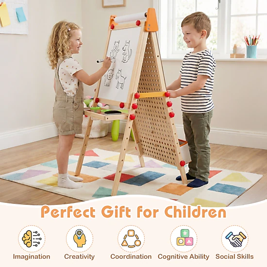 SUGIFT 4-in-1 Wooden Kids Art Easel Double-Sided Foldable with Paper Roll Storage Tray and Marble Run Ages 3+ Natural