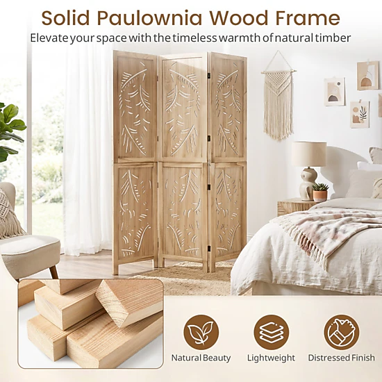 SUGIFT Palm Leaf 3-Panel Wooden Room Divider 67-in Tall Foldable ...