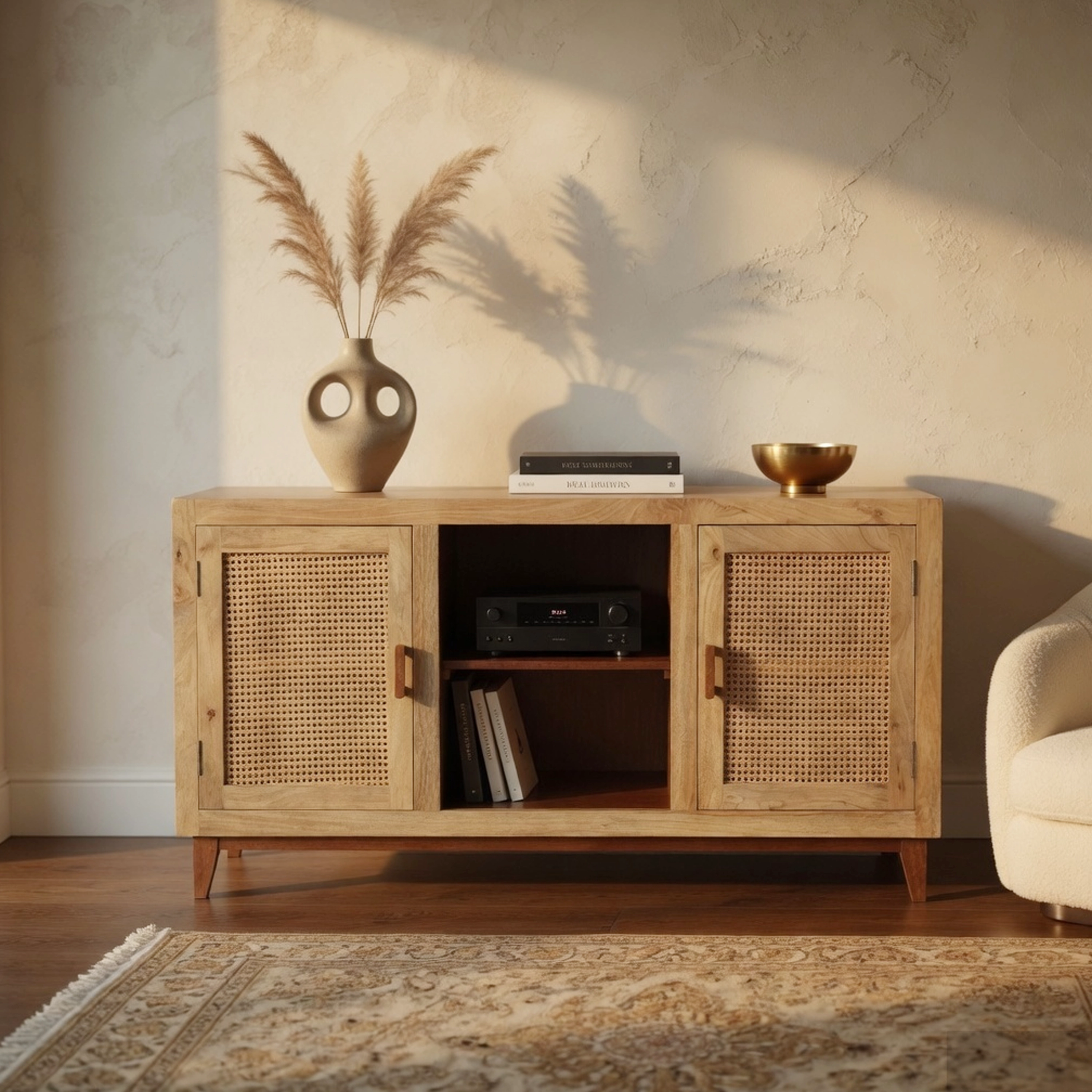 The Urban Port Aru 58 Inch 2 Cane Doors Open Shelves 2 Tone Antique Brown Mango Wood Sideboard Buffet Cabinet