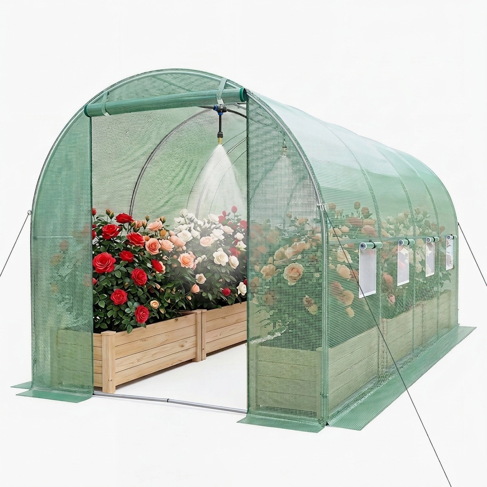 SUGIFT Walk-in Tunnel Greenhouse Green 15 x 7 x 7 ft with Watering System and 8 Mesh Windows