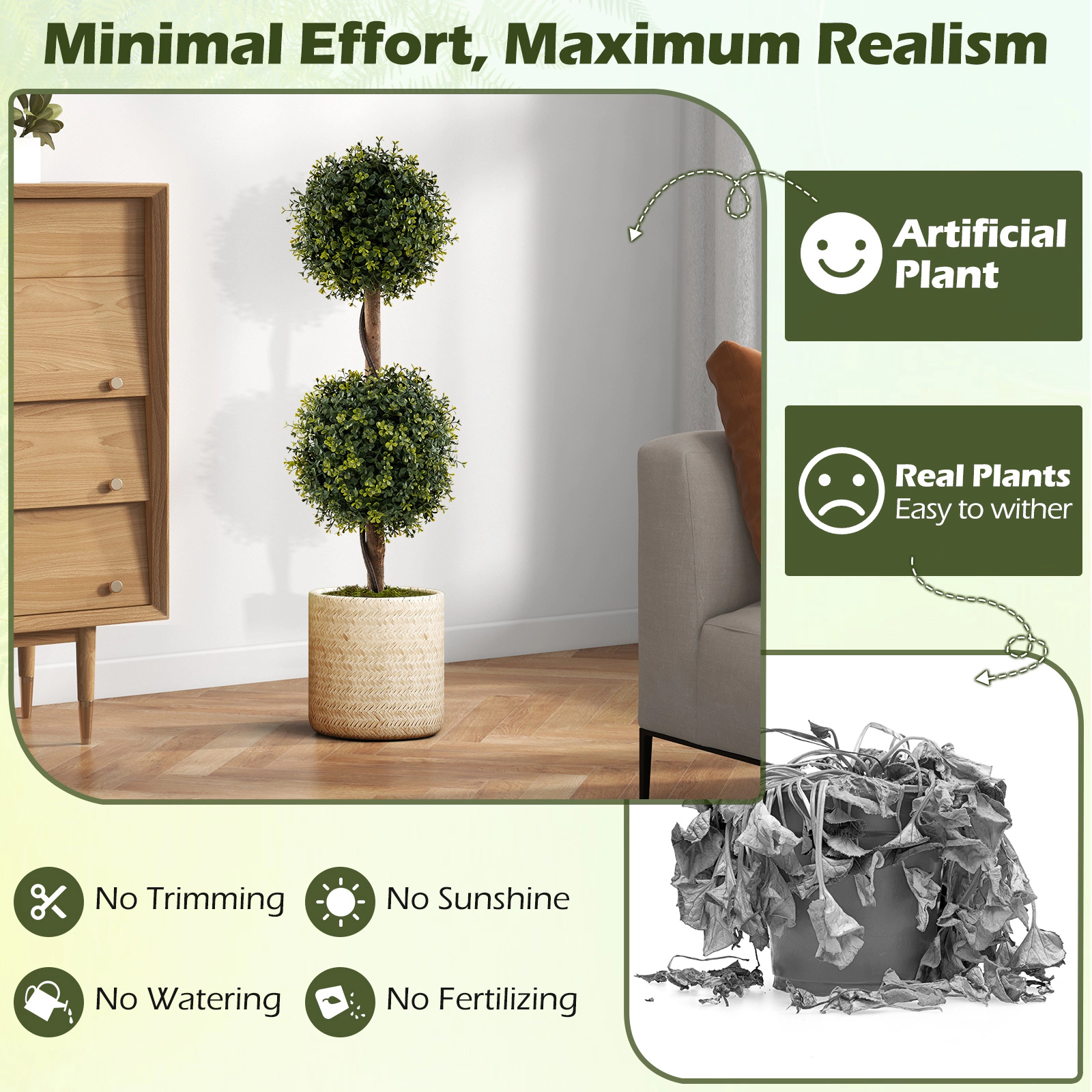 SUGIFT Set of 2 35.5-in Artificial Double Topiary Ball Trees with 10.5-in Balls and Birch Wood Trunks