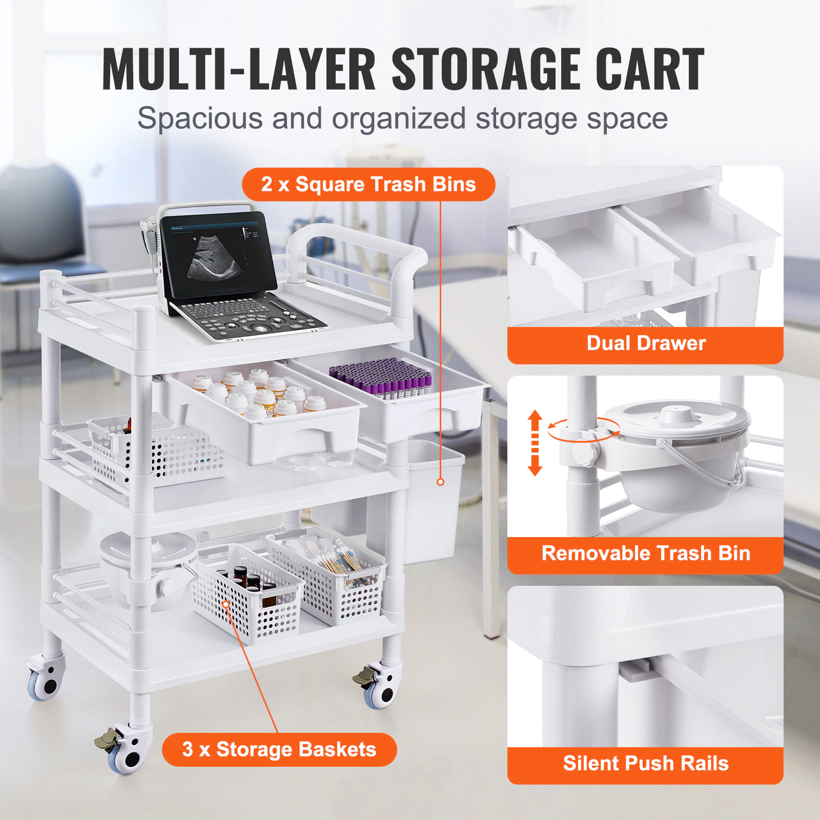 HONGGE Lab Carts Lab Utility Cart with 3 Trays & 4 Silent Wheels Mobile Medical Cart with PP Material Lab Rolling Cart