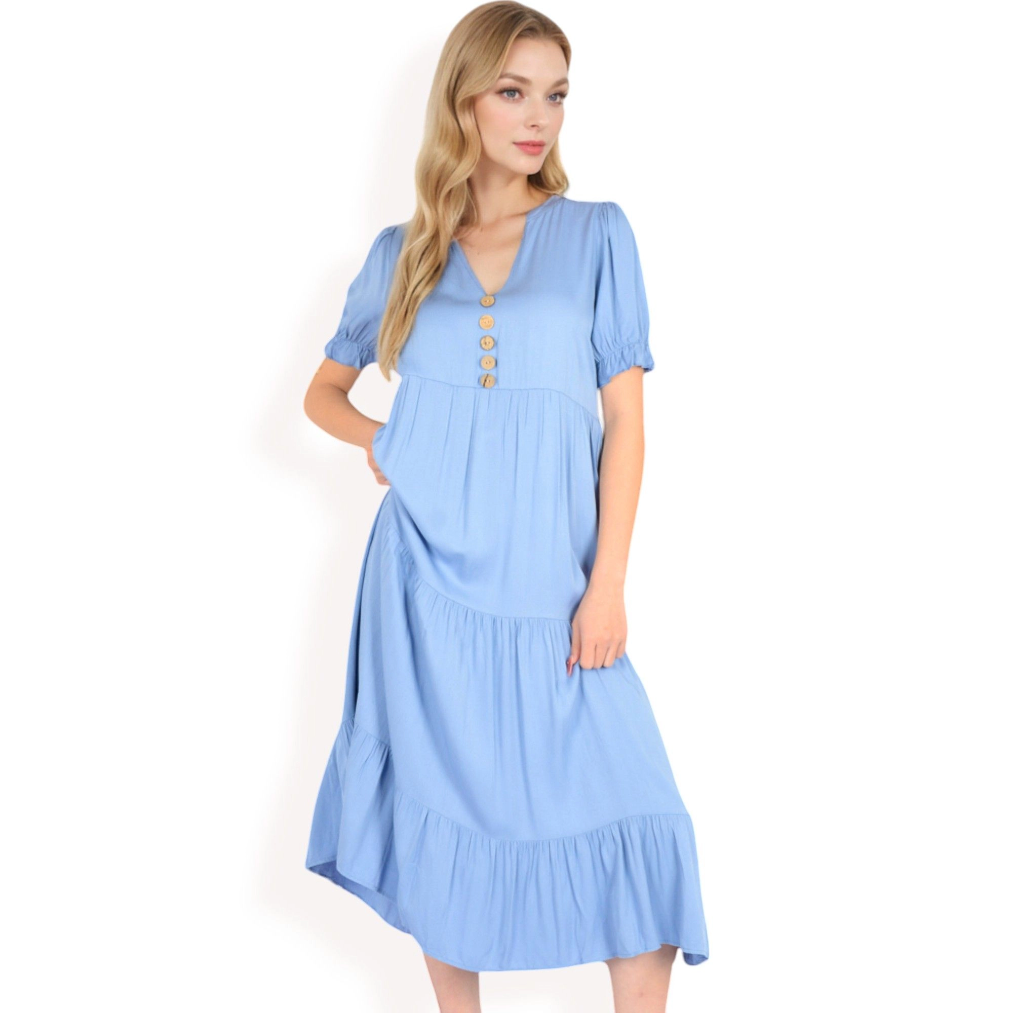 Anna-Kaci Women's Puff Sleeve Tiered Button Front Smocked Cuffs Midi Dress