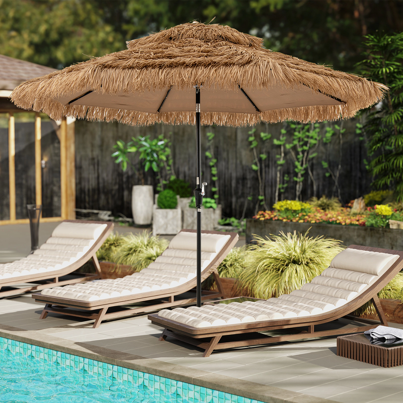 SUGIFT 10-ft Natural Thatched Tiki Patio Umbrella with Solar LED Lights 11-Tier Hawaiian Canopy and Crank