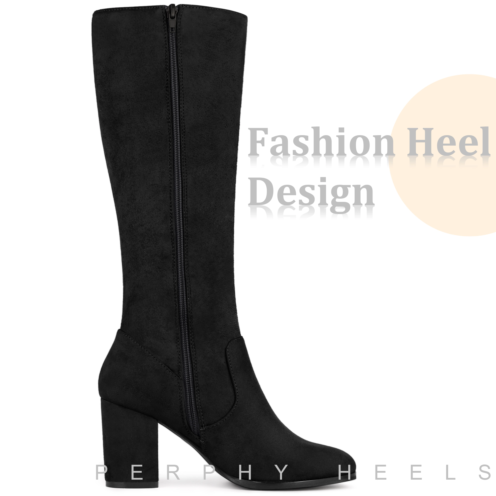 BLISSFUL STEP Women Faux Suede Round Toe Chunky Heel Knee High Side Zipper Boots