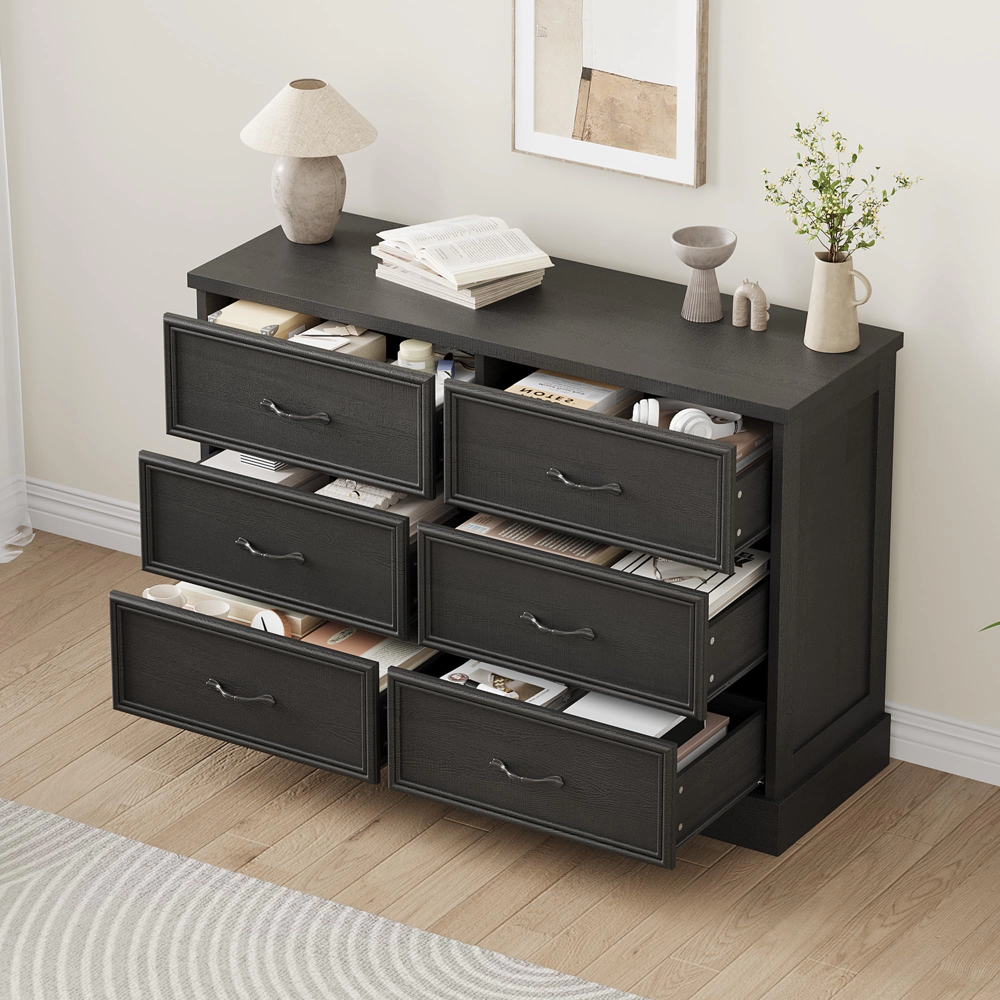 6 Drawer Wooden Dresser, 47" Wide Chest with Large Storage Drawers for Bedroom or Living Room