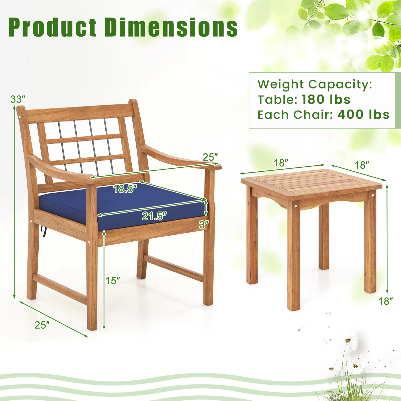 SUGIFT 3 Piece Acacia Wood Patio Conversation Set Seat Cushions & Coffee Table 400-lb Chairs Natural Frame Navy Cushions