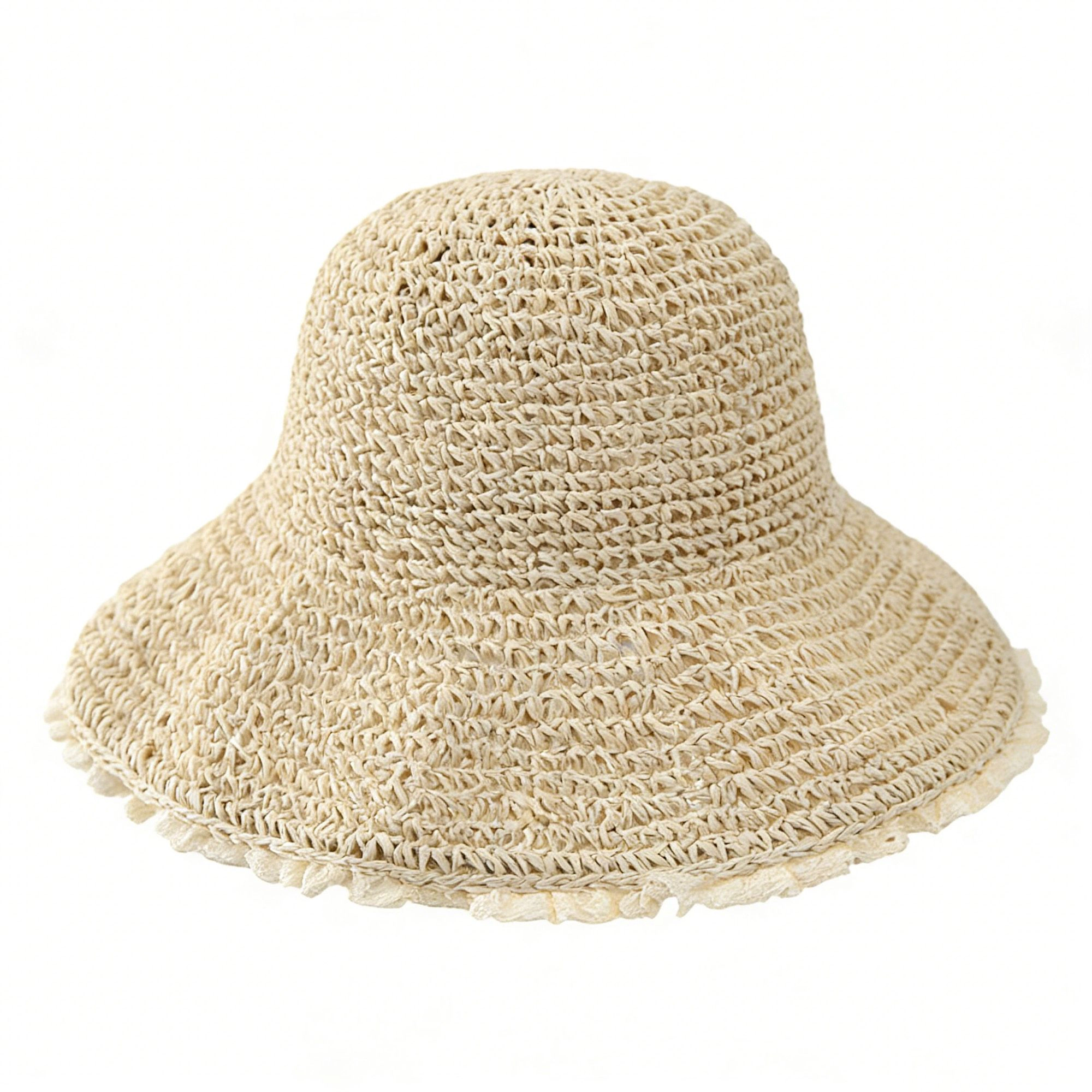 Anna-Kaci Women's Women Straw Bucket Hat Wide Brim Lightweight Sun with Lace Trim Detail