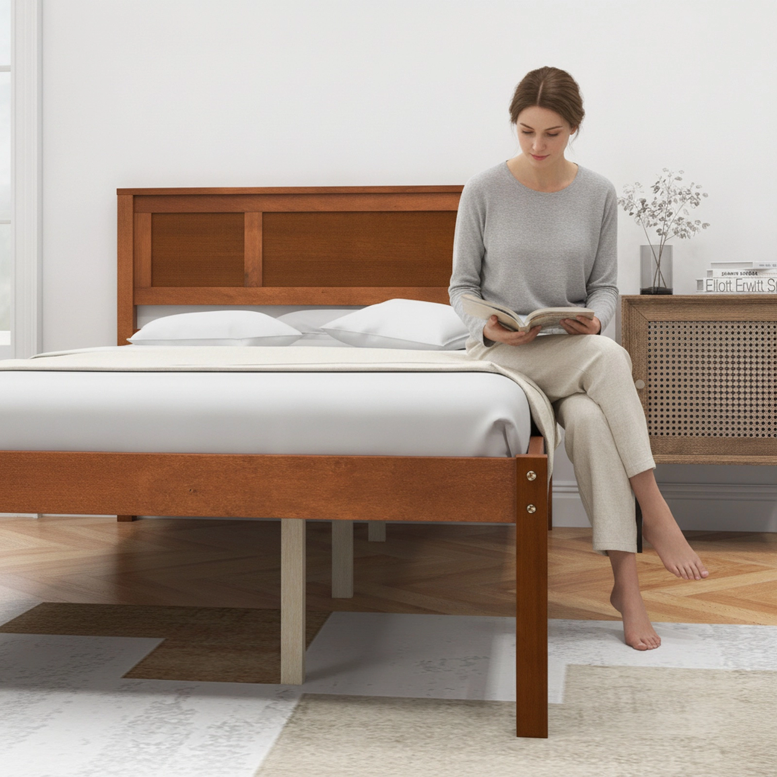 Queen Size Walnut Wood Bed Frame with Headboard and 16-in Footboard Low Profile Platform Bed with Center Support Legs