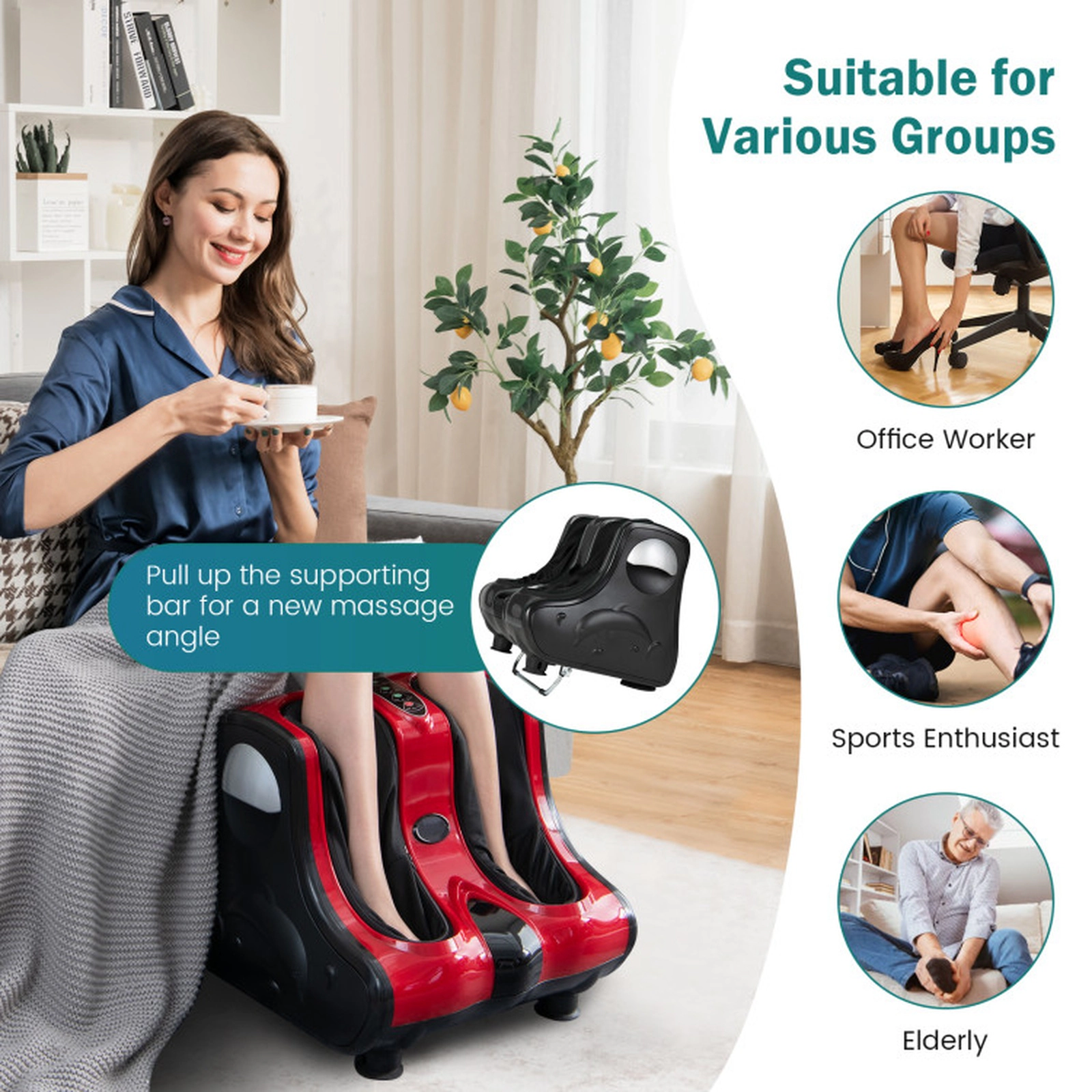 SUGIFT Shiatsu Foot and Calf Massager with Heat Kneading Rolling Vibration Tilt Bar and 15-Minute Timer
