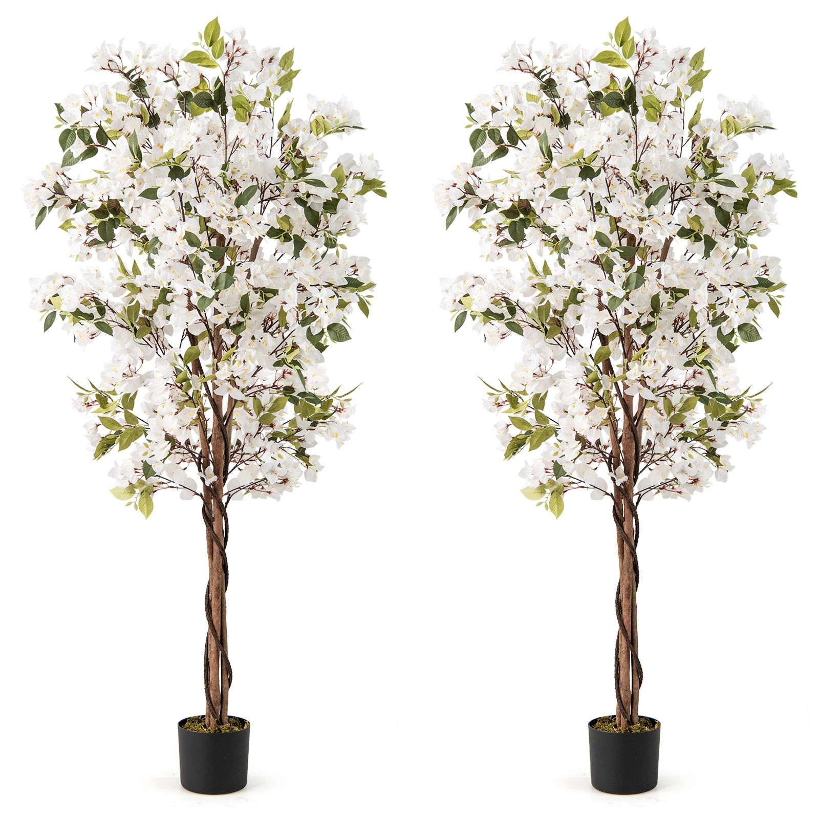 SlickBlue Set of 2 Faux Bougainvillea Plant with Twisted Wood Trunk and Moss