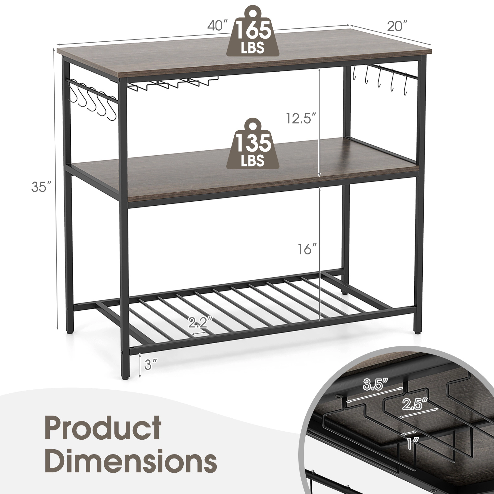 SUGIFT Kitchen Island with 3 Shelves Wine Glass Holders and 10 Hooks 165-lb Top Capacity Gray + Black