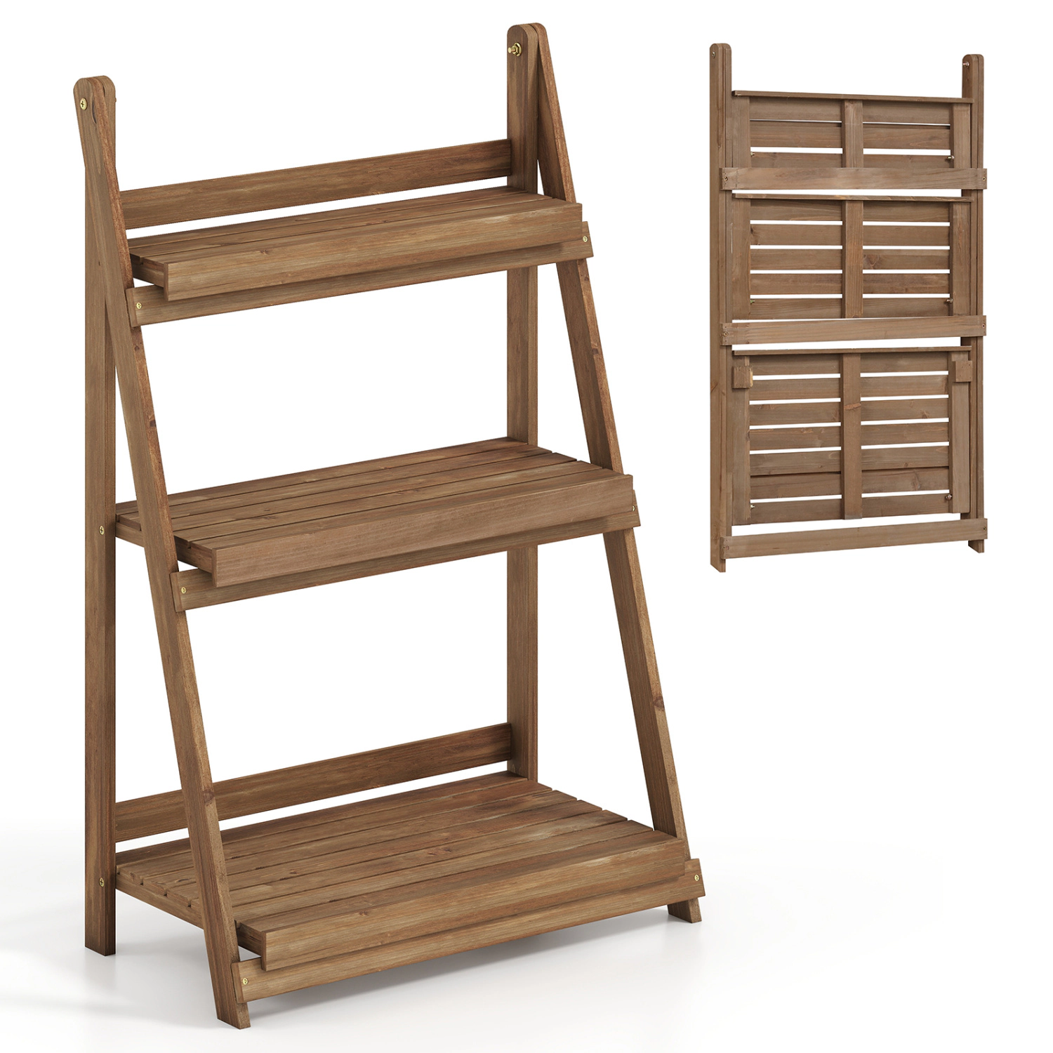 LJG 3-Tier Foldable Plant Stand with Slatted Shelves and Fir Wood Frame