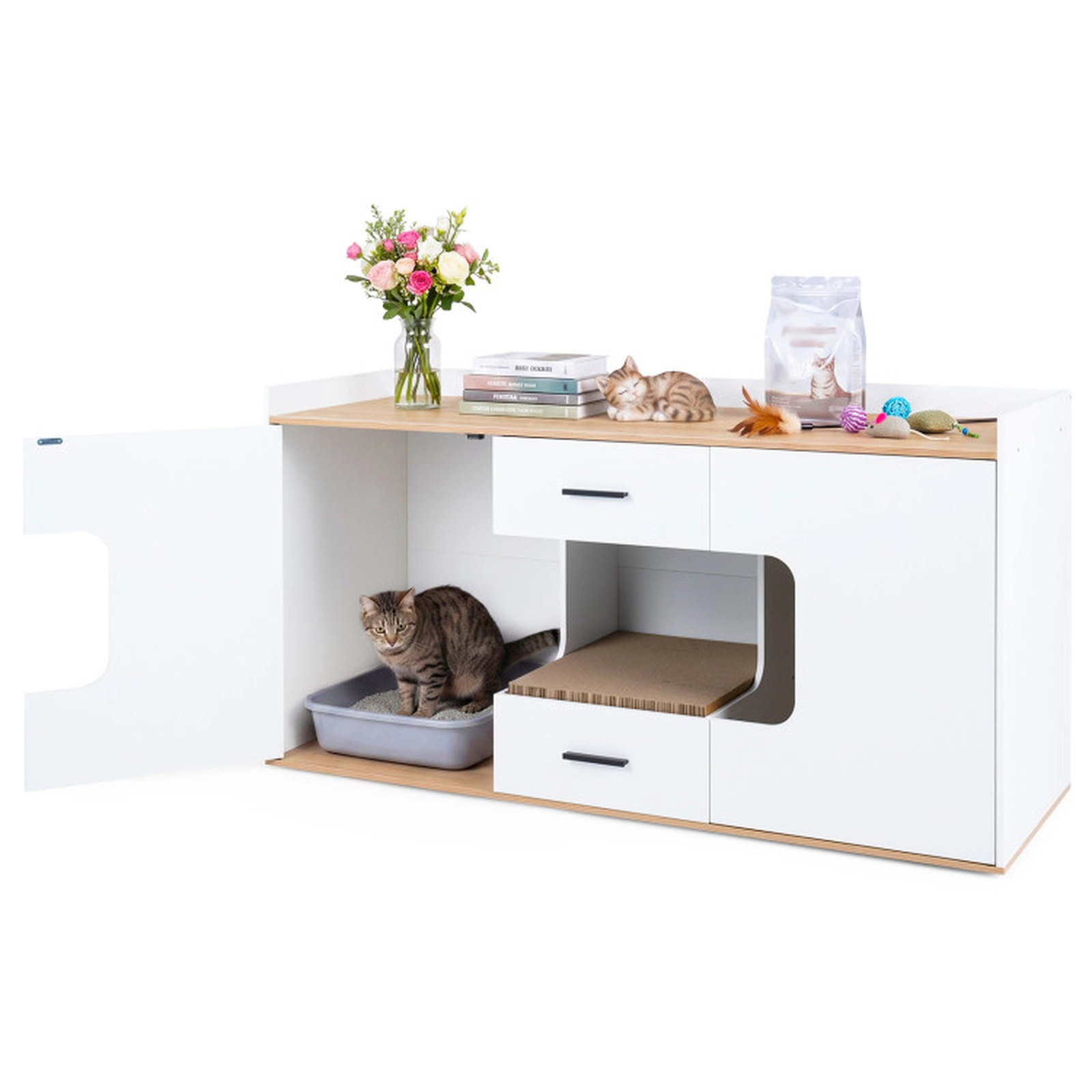 SUGIFT 55 x 30.5-in Natural Extra Large Hidden Cat Litter Box Enclosure Cabinet with 2 Drawers and 2 Doors