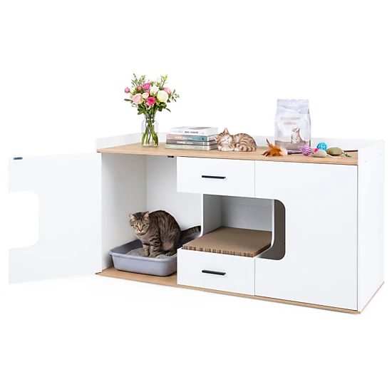 SUGIFT 55 x 30.5-in Natural Extra Large Hidden Cat Litter Box Enclosure Cabinet with 2 Drawers and 2 Doors
