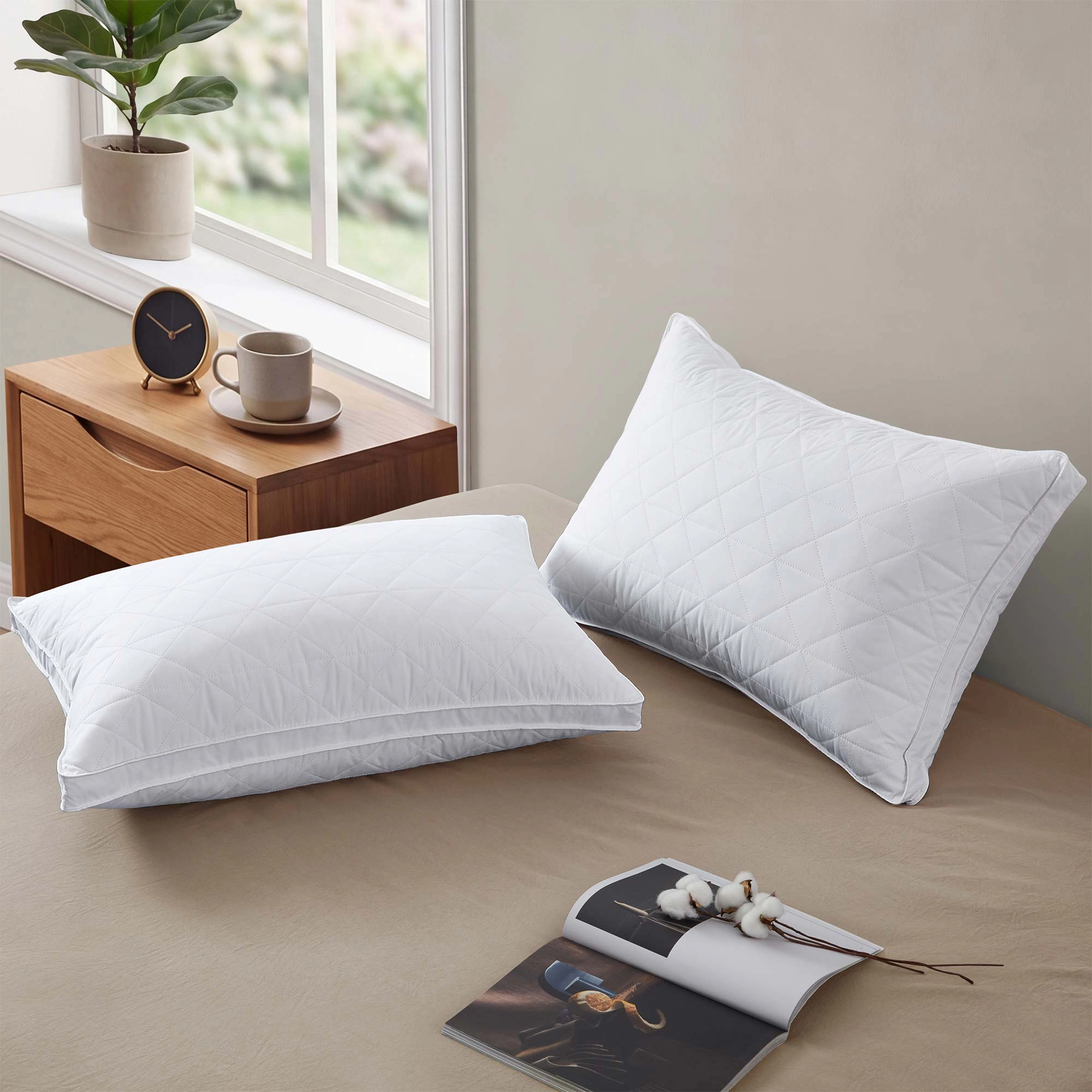 PEACENEST Cotton Wave Quilted High Loft Goose Feather Pillow Set