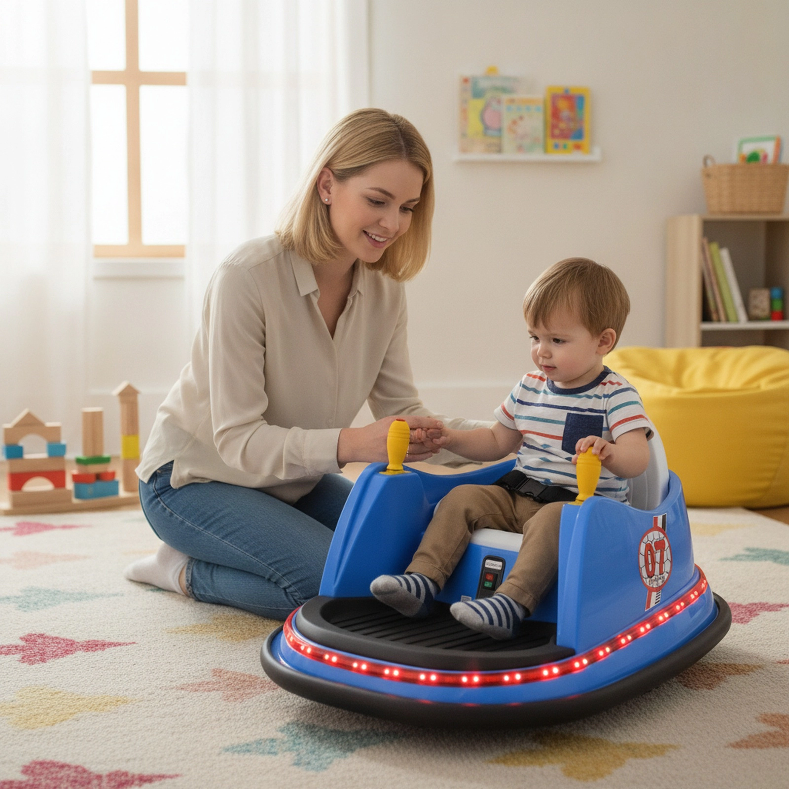 12V Kids Bumper Car 360-Degree Spin Flashing Lights Adjustable Safety Belt and Remote for Ages 2-5 Toddler Ride On