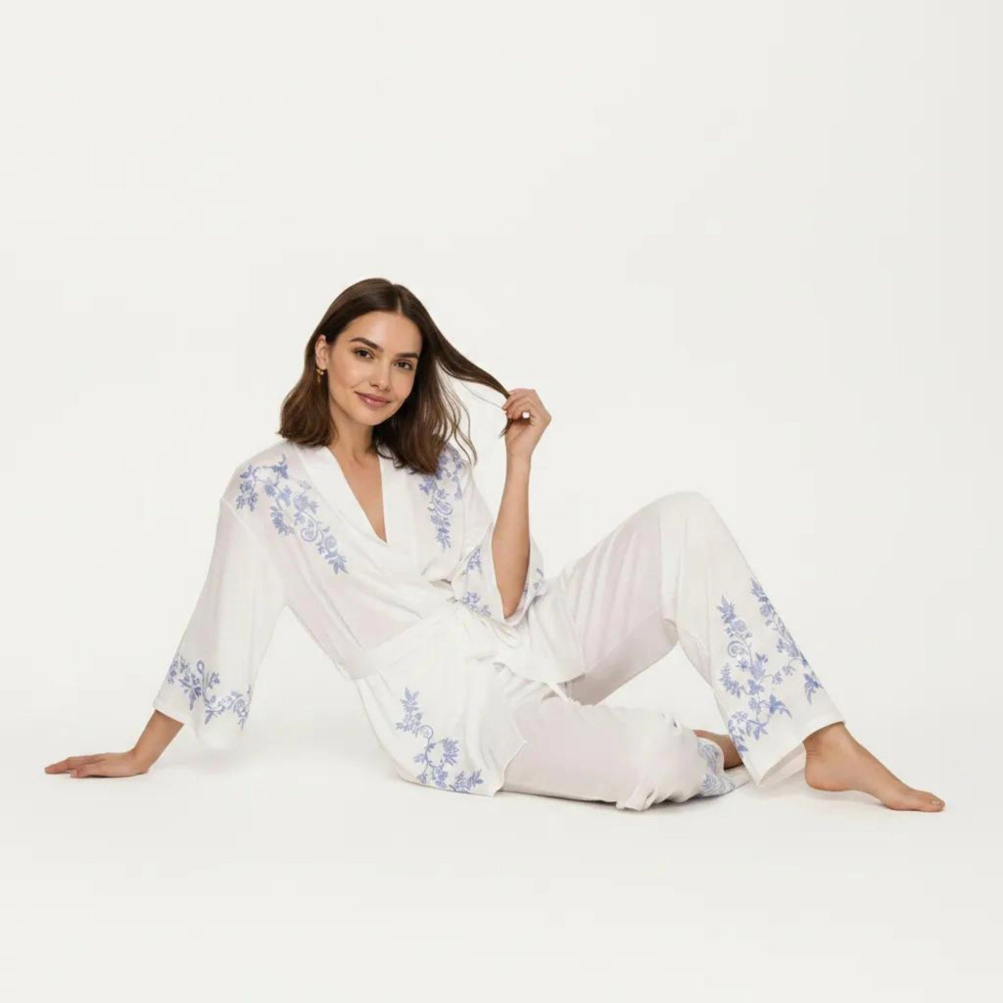 Anna-Kaci Women's 3-Piece Pajama Set with Wrap Tie Robe Long Sleeve Top and Wide Leg Pants Lightweight Relaxed Sleepwear