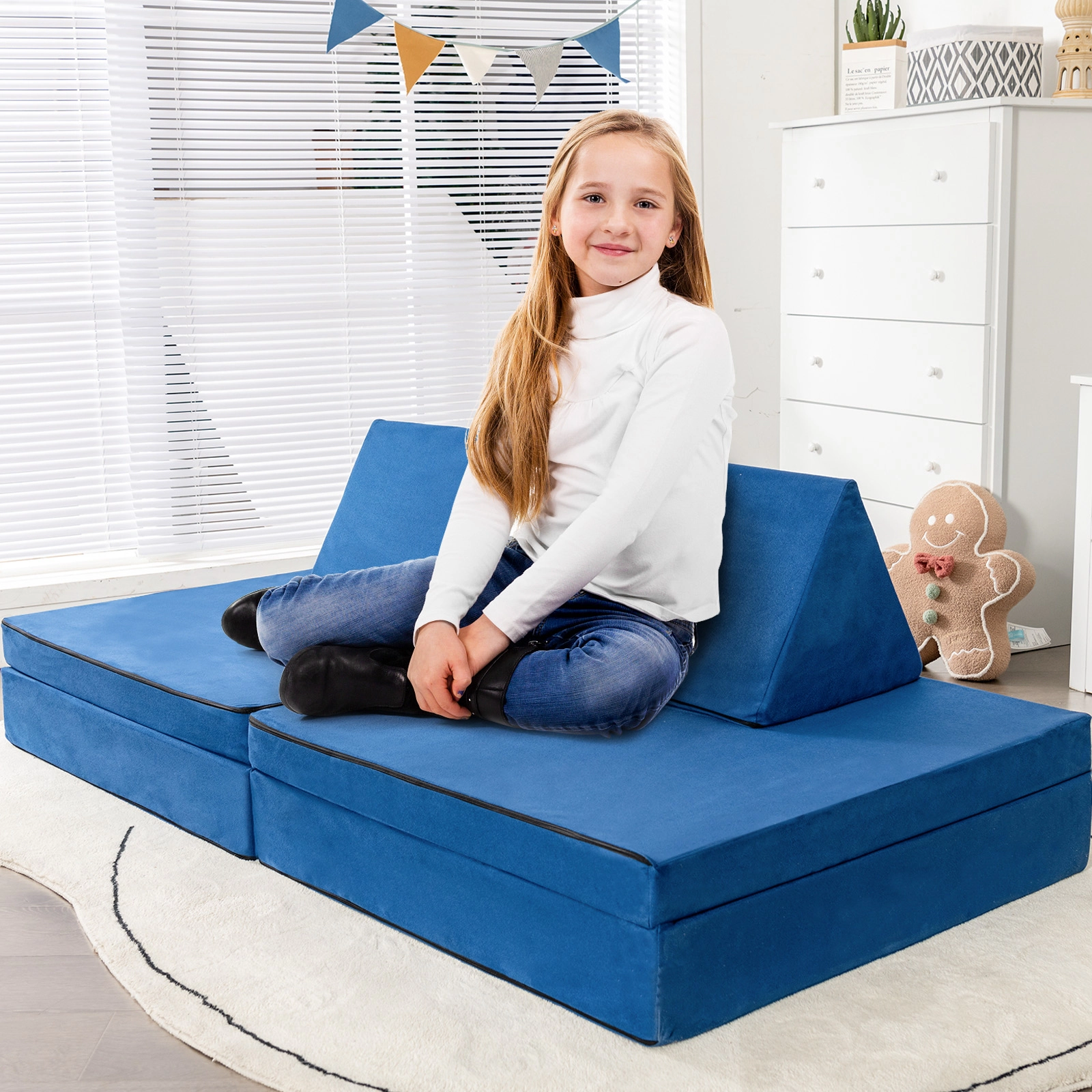SUGIFT 4-Piece Convertible Kids Couch Set with 2 Folding Mats 220-Lb Capacity Blue/Yellow