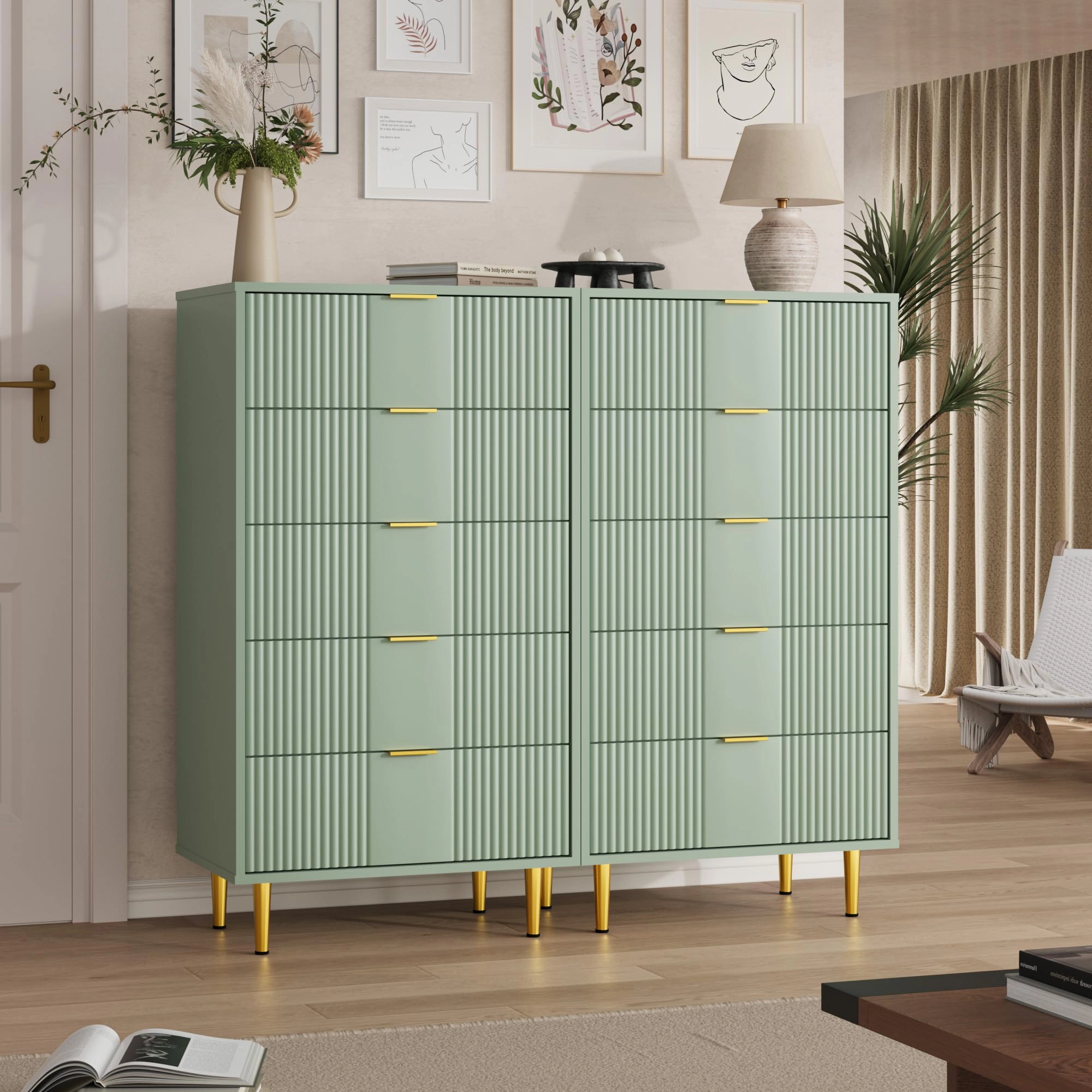 44.3" Tall Fluted 5 Drawer Dresser with Metal Handles, Modern Wood Storage Chest
