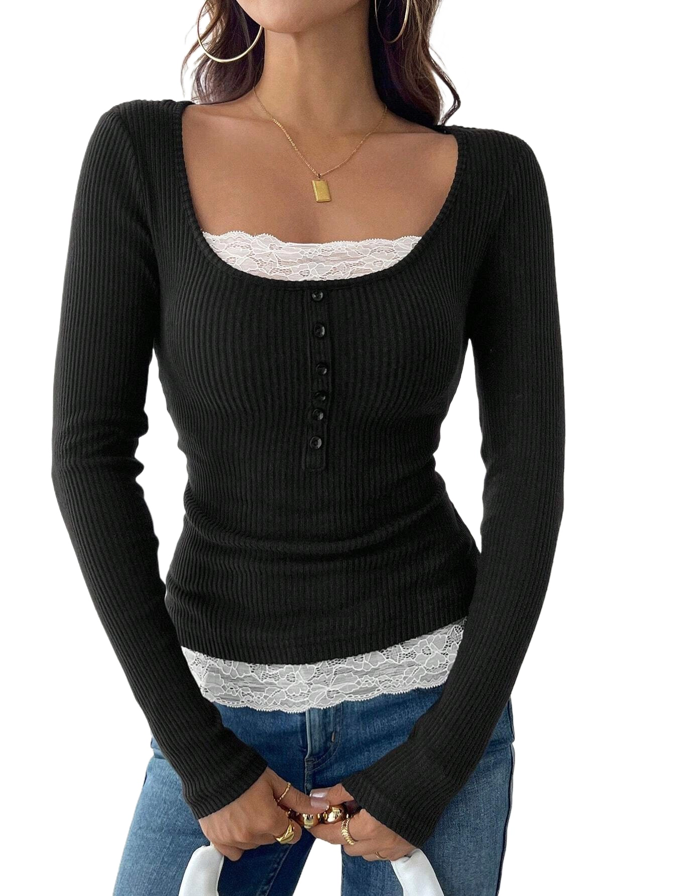 Enchanted Funland Womens Ribbed Knit Henley Long Sleeve Lace Trim Slim Fit Tops