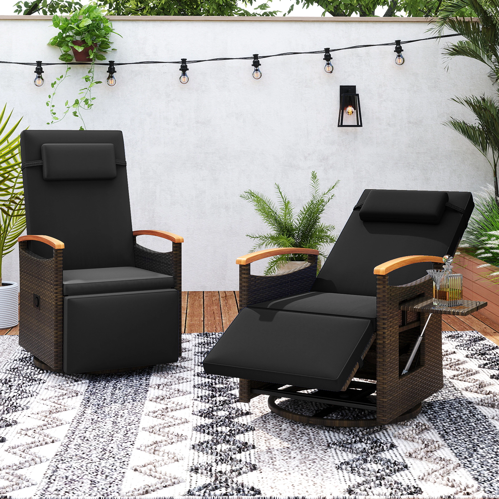 SUGIFT Patio Rattan 360° Swivel Recliner Chair with 150° Adjustable Backrest and Footrest 400-lb Capacity Black