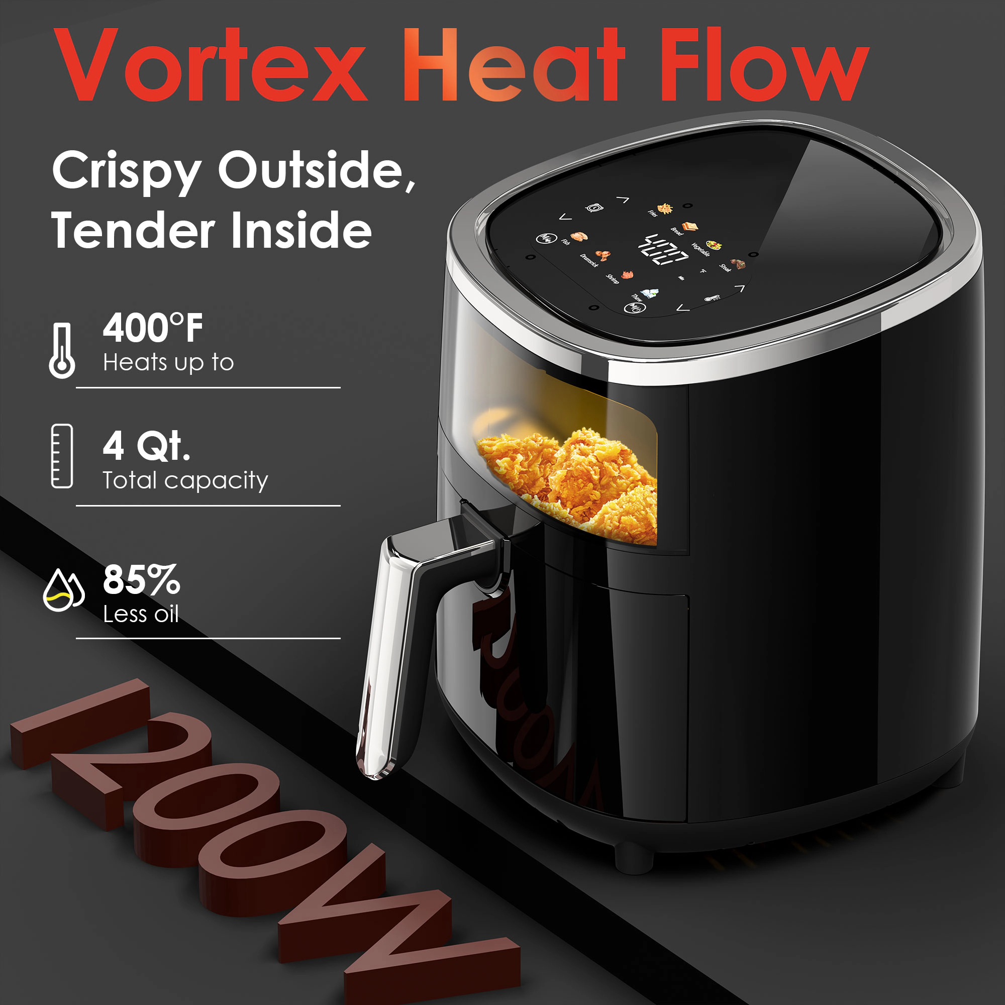 WHALL 4QT Touchscreen Air Fryer with View Window, 12 Presets, Air Fry, Bake, Broil, Roast, Reheat, Dehydrate, Black