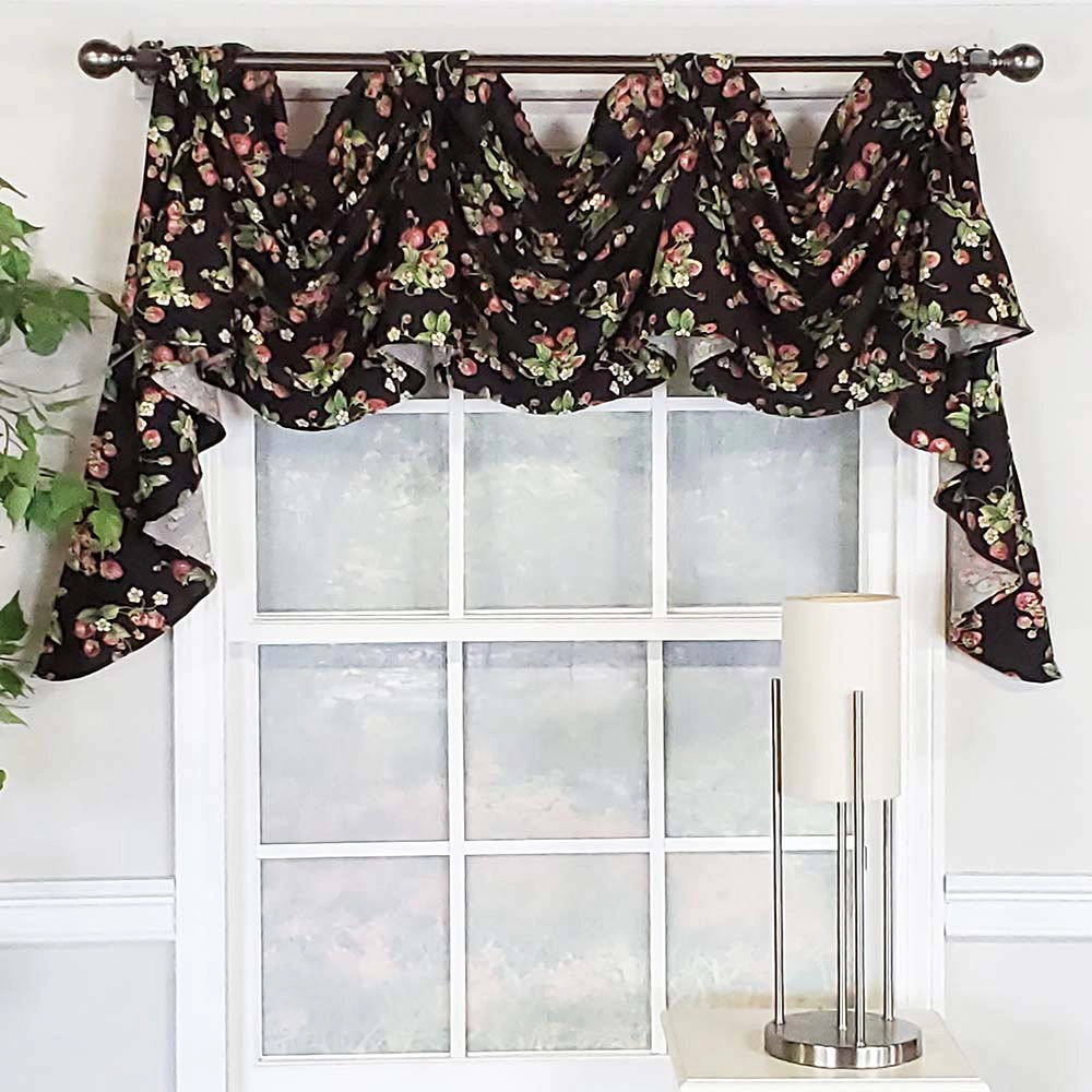 RLF Home Strawberry Fields 3-Scoop Victory Swag Window Valance with 4" Top Tabs 50" x 18" Black