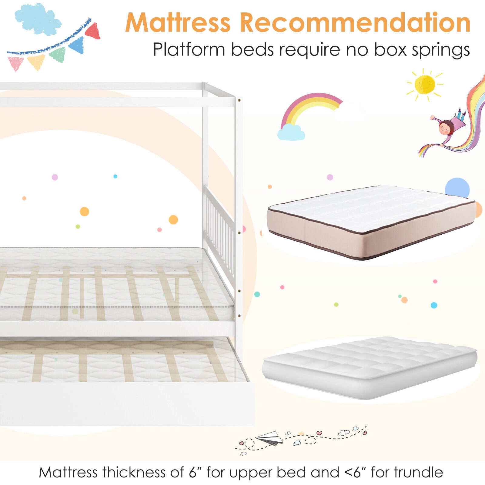 SUGIFT Full Canopy Bed with Rolling Trundle, White Wood Platform Frame