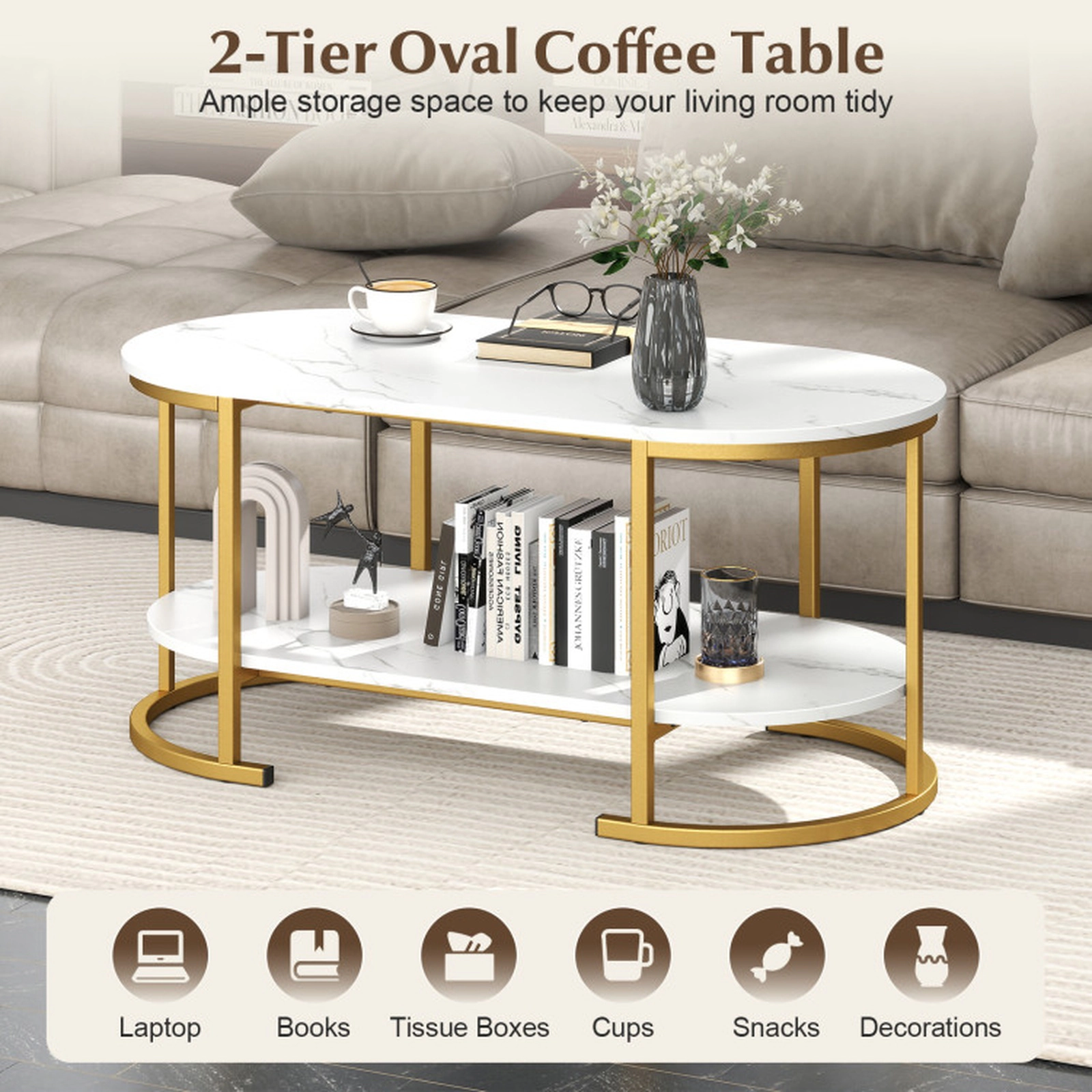 SUGIFT 39.5-in 176-lb Capacity White Faux Marble 2-Tier Coffee Table with Gold Metal Frame and Storage Shelf