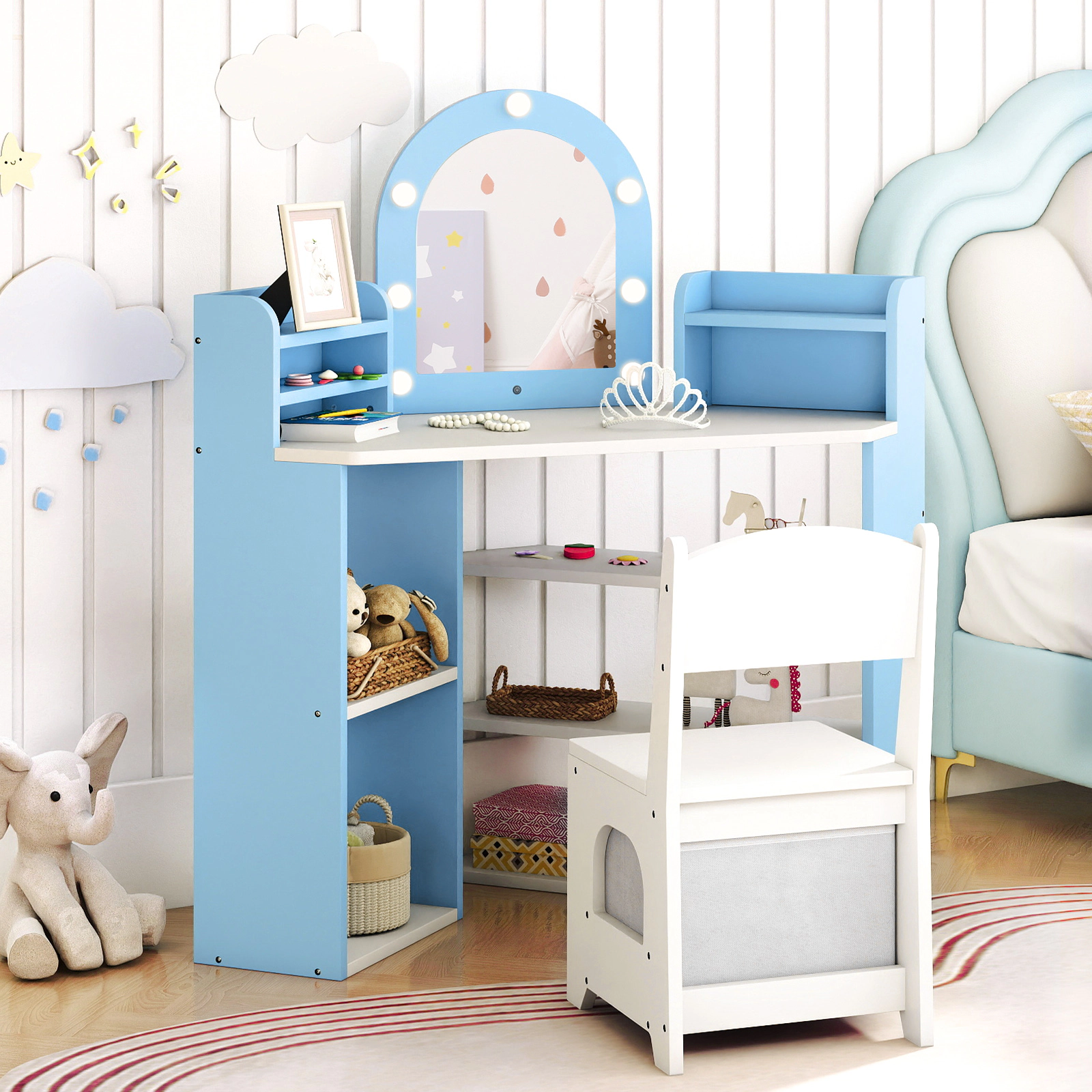 SUGIFT 2-Piece Corner Kids Vanity Set with Lighted Mirror, Fabric Drawer and Chair