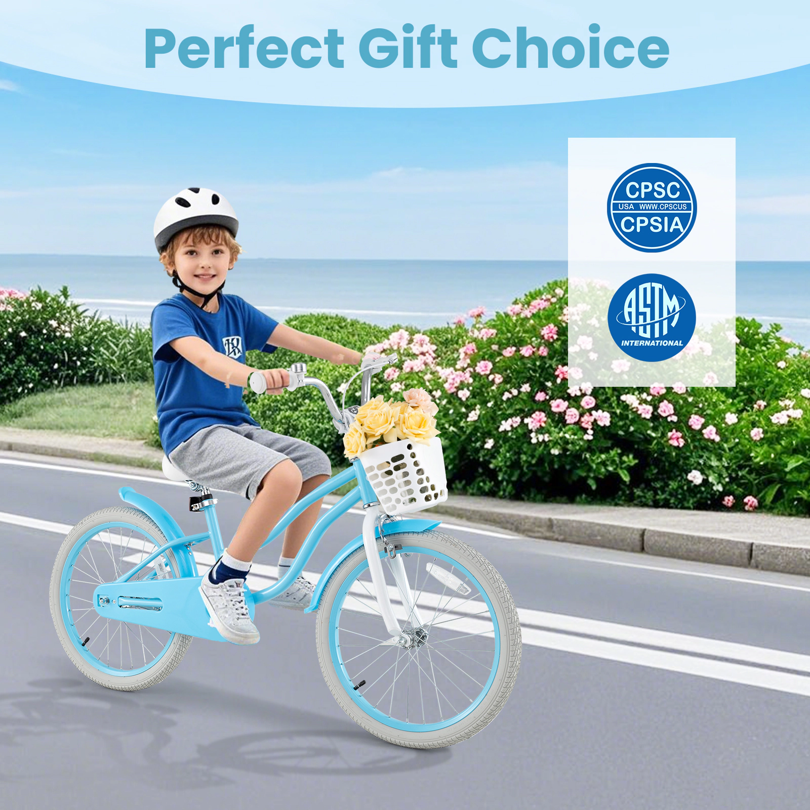 SUGIFT Blue Dual Brakes Adjustable Seat Front Basket and Kickstand Kids 20 Inch Bike