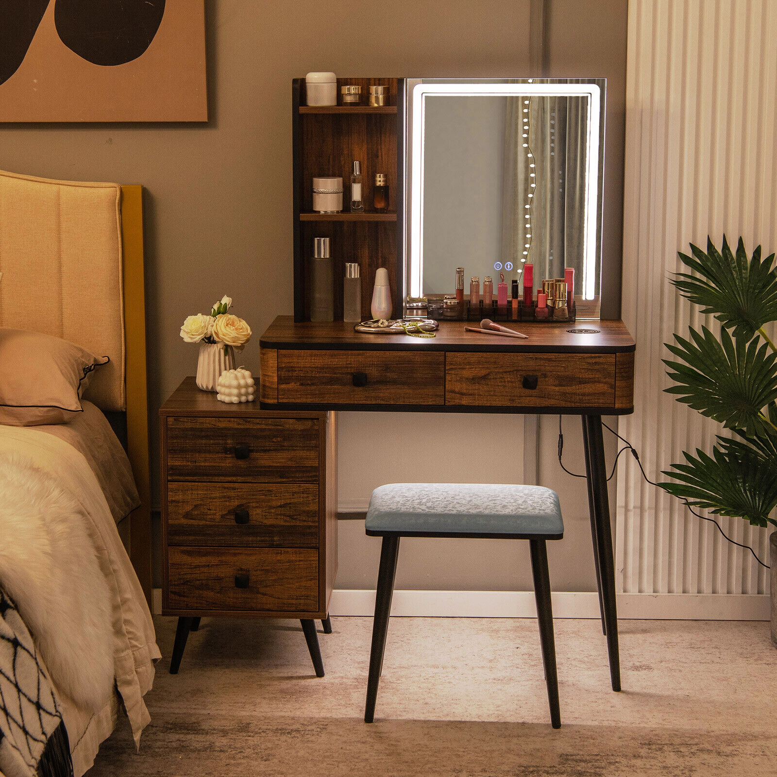 SUGIFT Vanity Makeup Table Set with Motion-Sensor LED Mirror, Wireless Charging, 3 Drawers
