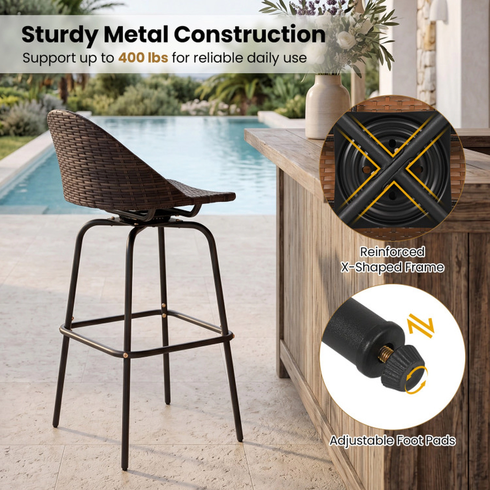 SUGIFT Brown Hand-Woven Rattan Seat and Footrest Set of 2 Patio Swivel Bar Stools