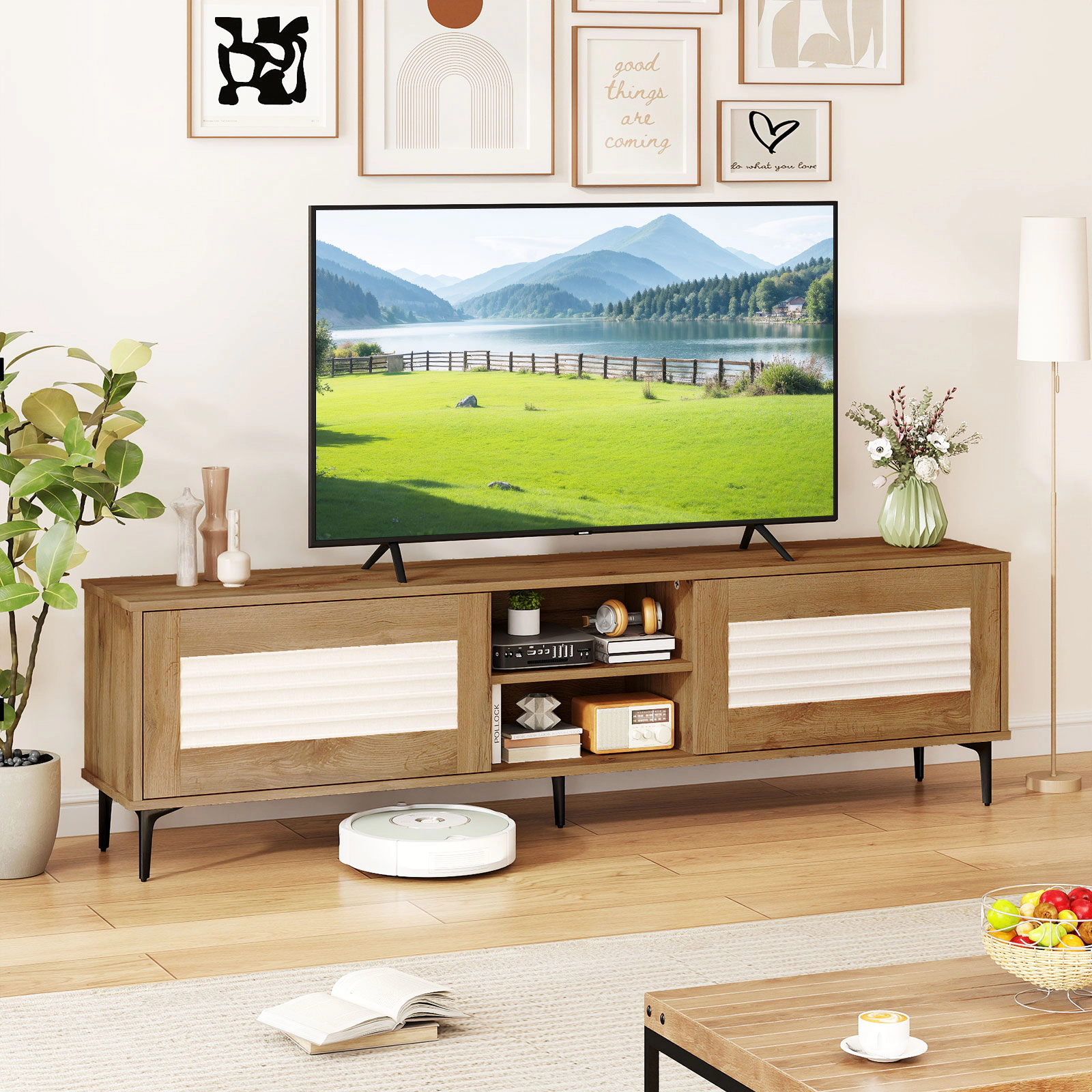 SUGIFT Waveform Fluted TV Stand for TVs up to 70 Inches with Cabinets and Shelves 132-lb Tabletop Capacity Oak
