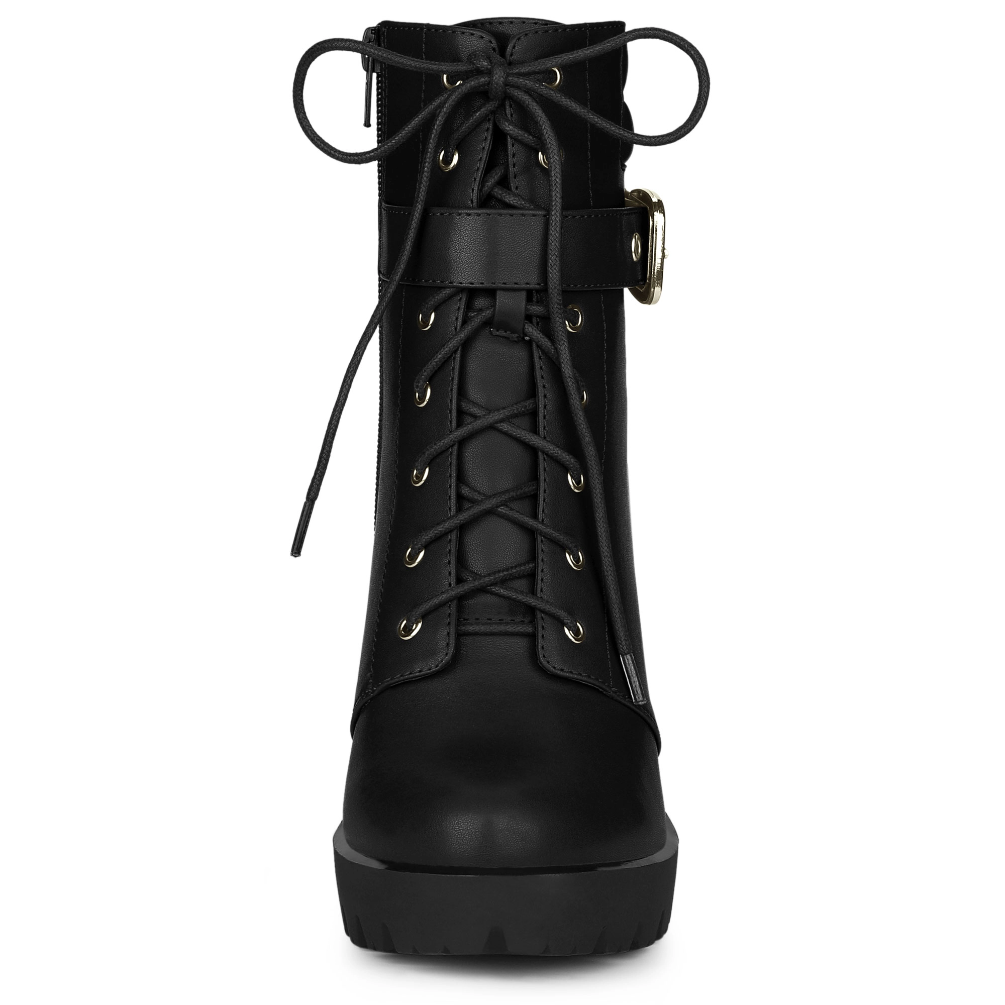 BLISSFUL STEP Women's Platform Ankle Boots Lace Up Block Heels Combat