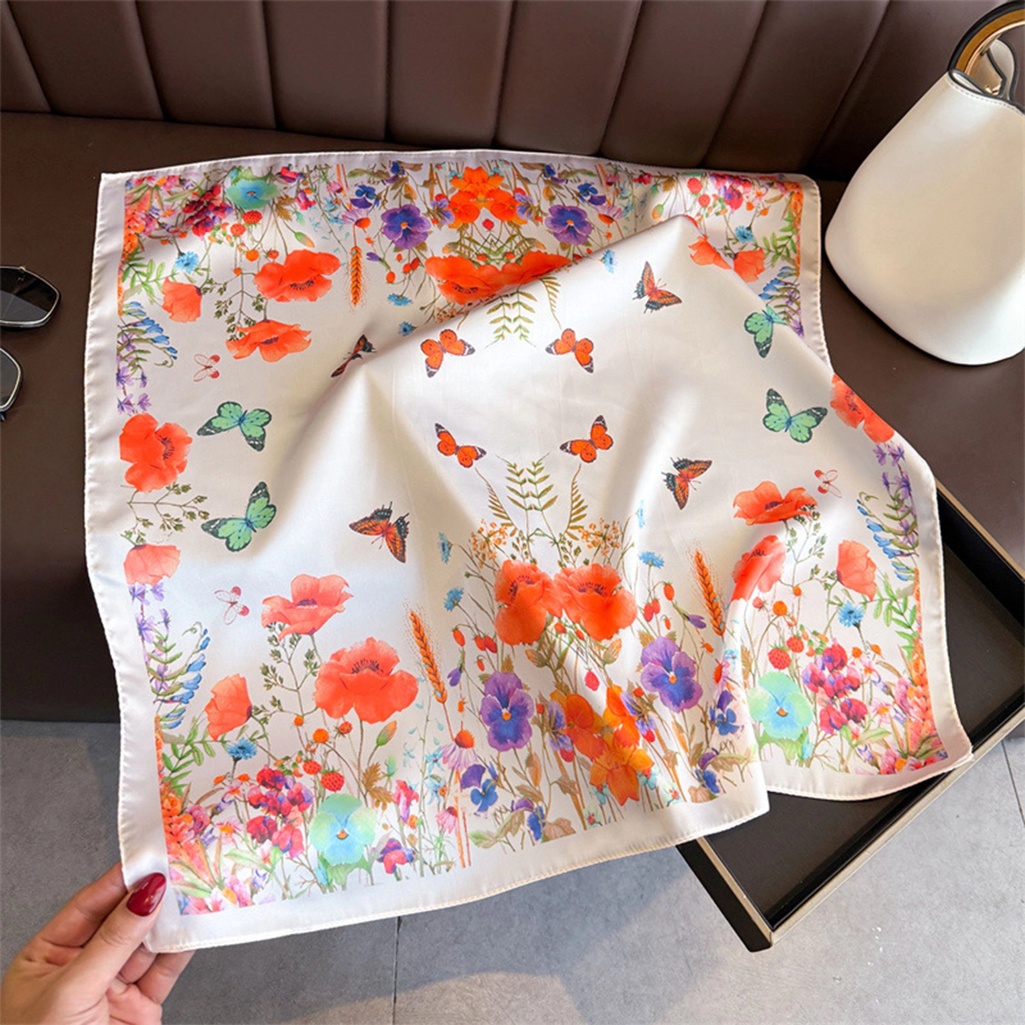 Anna-Kaci Womens Satin Floral Butterfly Print Square Scarf Lightweight Elegant Neck Wrap 27.5×27.5Inches