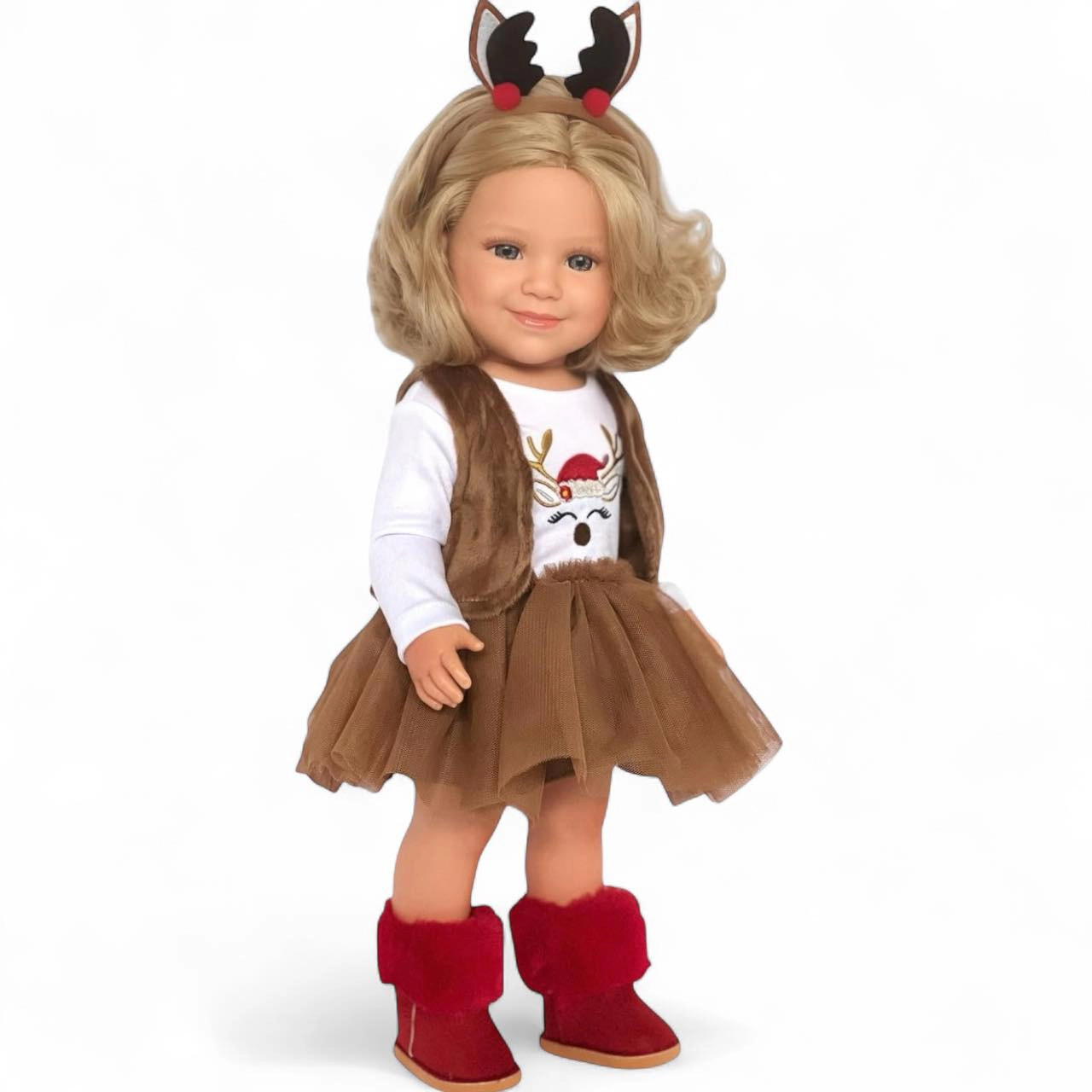 MBD® Holiday Reindeer Outfit Set with Red Boots & Antler Headband for 18-Inch Dolls