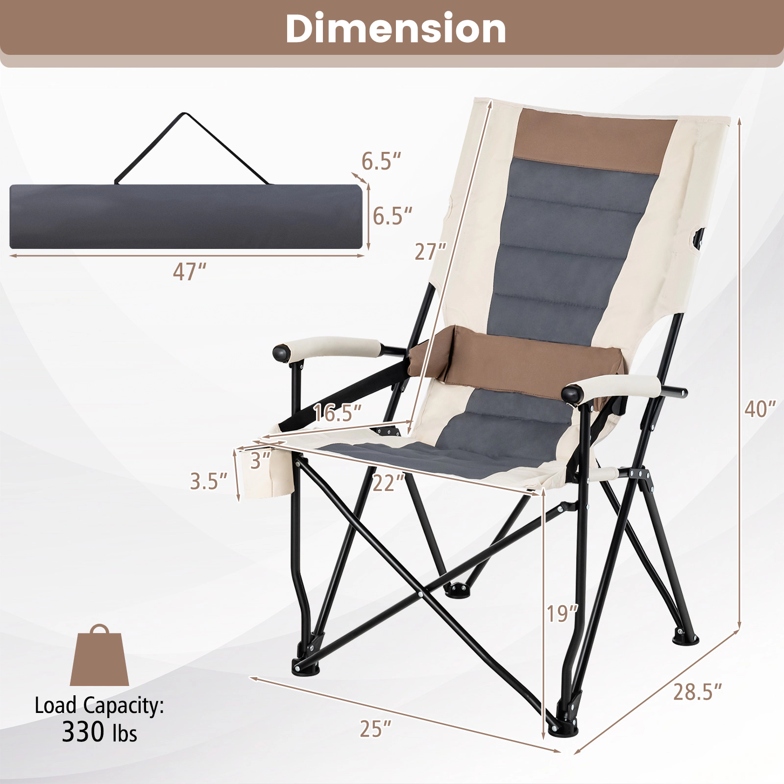 SUGIFT White Folding Camping Chair with Lumbar Pillow and Cup Holder 25-in W 28.5-in D 40-in H 330-lb Seat Capacity